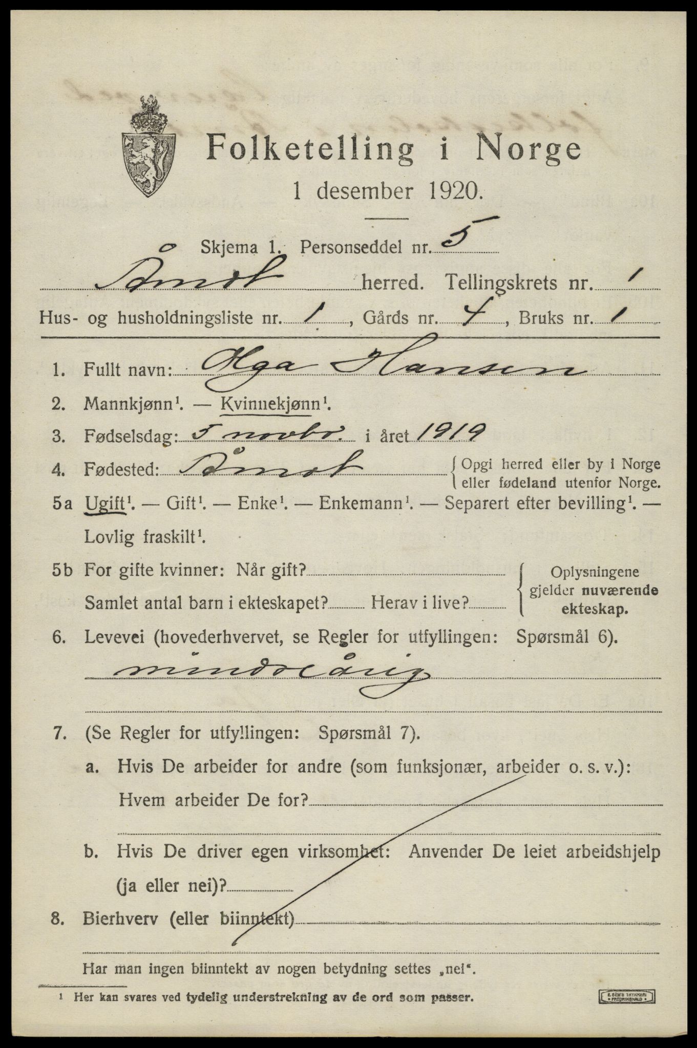 SAH, 1920 census for Åmot, 1920, p. 1595