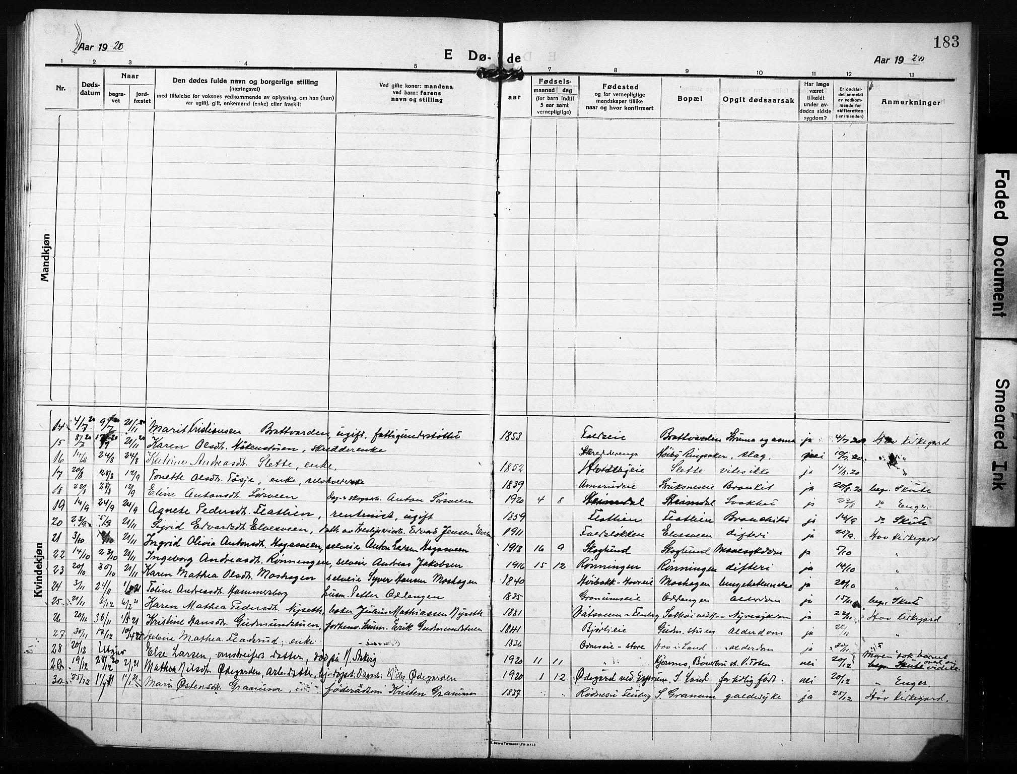 Søndre Land prestekontor, AV/SAH-PREST-122/L/L0007: Parish register (copy) no. 7, 1915-1932, p. 183