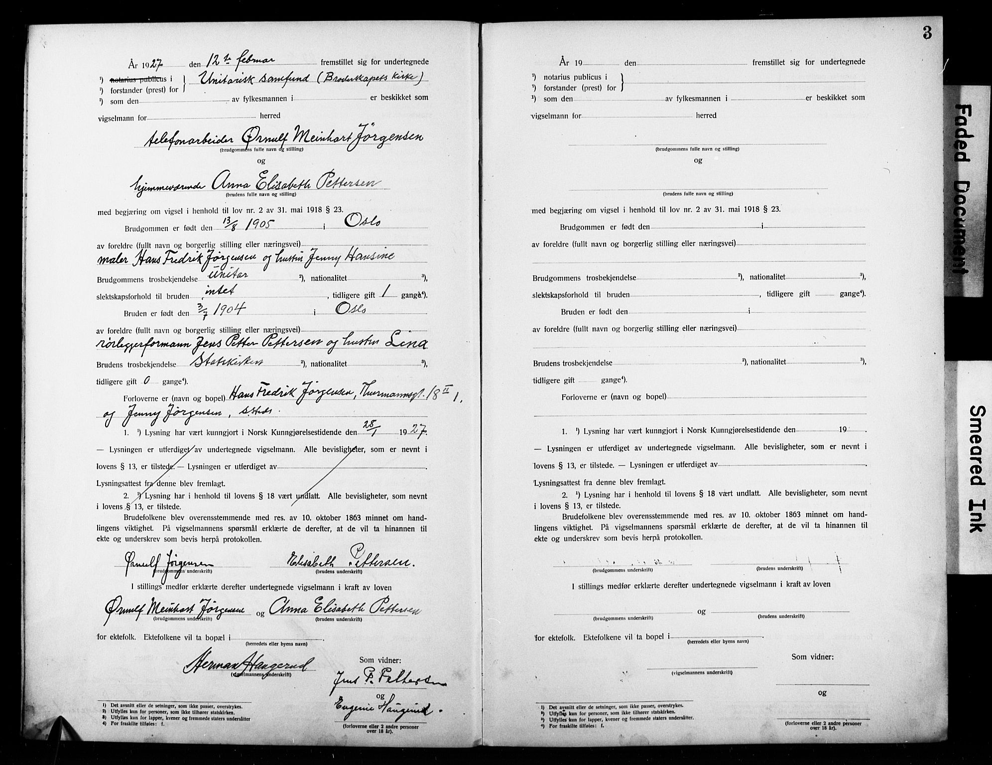 Broderskapets kirke Oslo , SAO/PAO-0221/D/L0002: Marriage register (dissenter) no. 2, 1923-1927, p. 3
