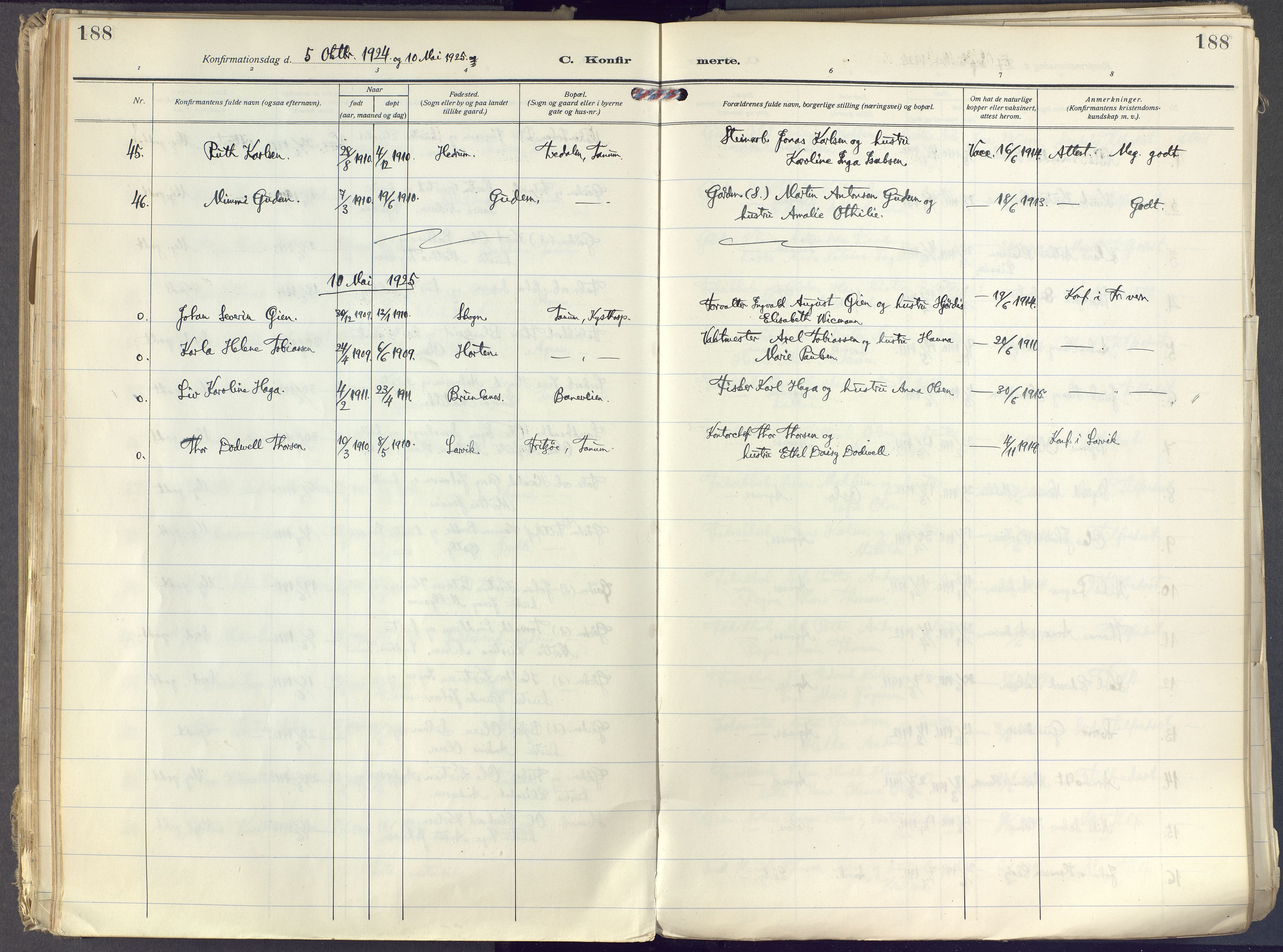 Brunlanes kirkebøker, SAKO/A-342/F/Fc/L0004: Parish register (official) no. III 4, 1923-1943, p. 188