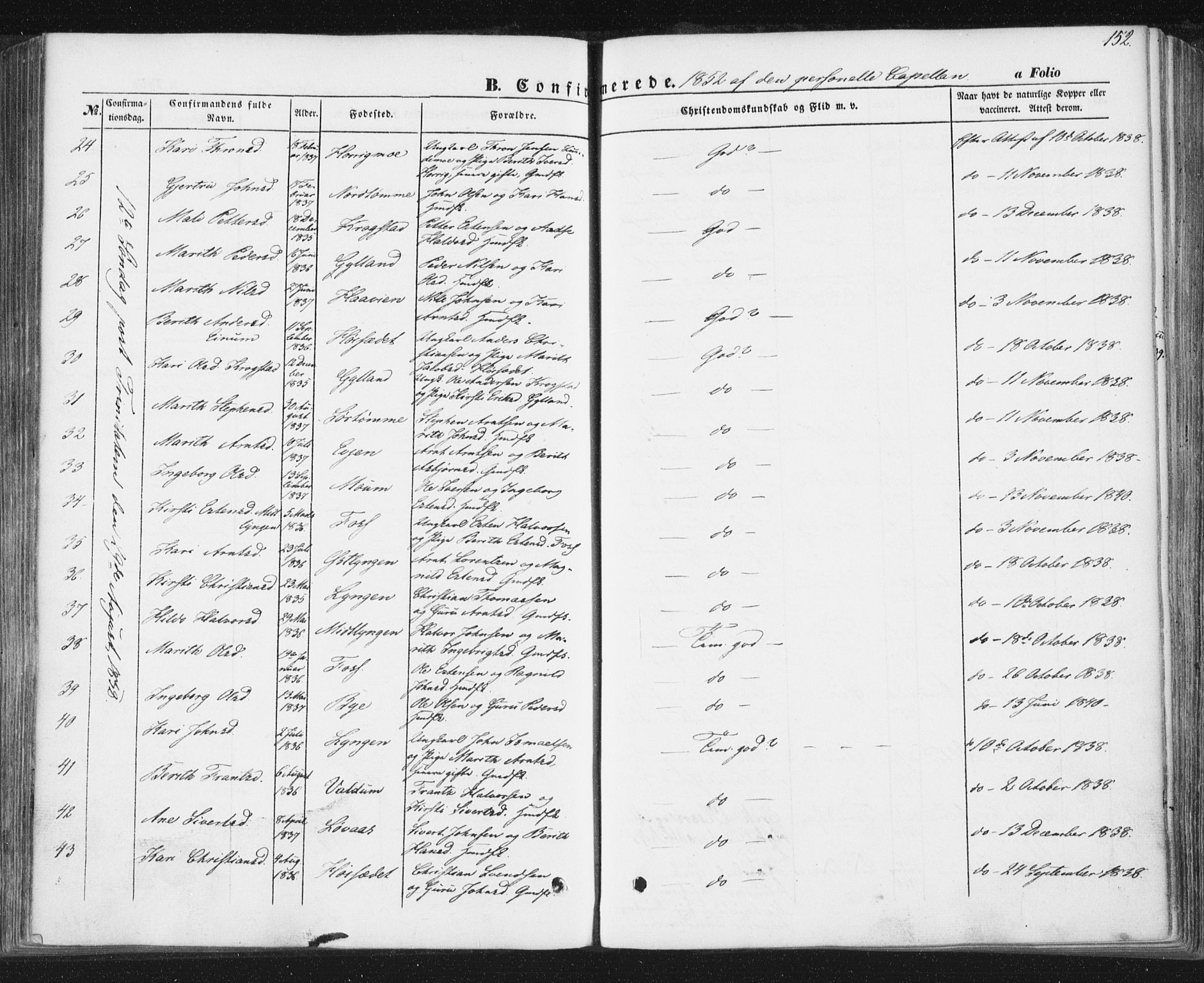 Ministerialprotokoller, klokkerbøker og fødselsregistre - Sør-Trøndelag, AV/SAT-A-1456/692/L1103: Parish register (official) no. 692A03, 1849-1870, p. 152