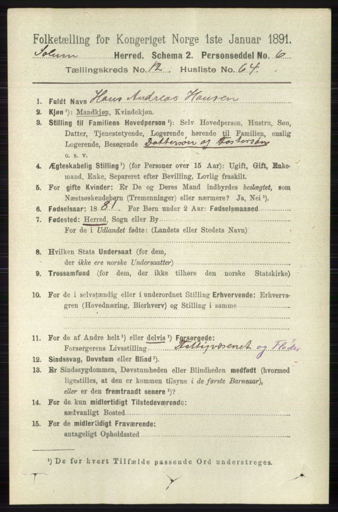 RA, 1891 census for 0818 Solum, 1891, p. 5985