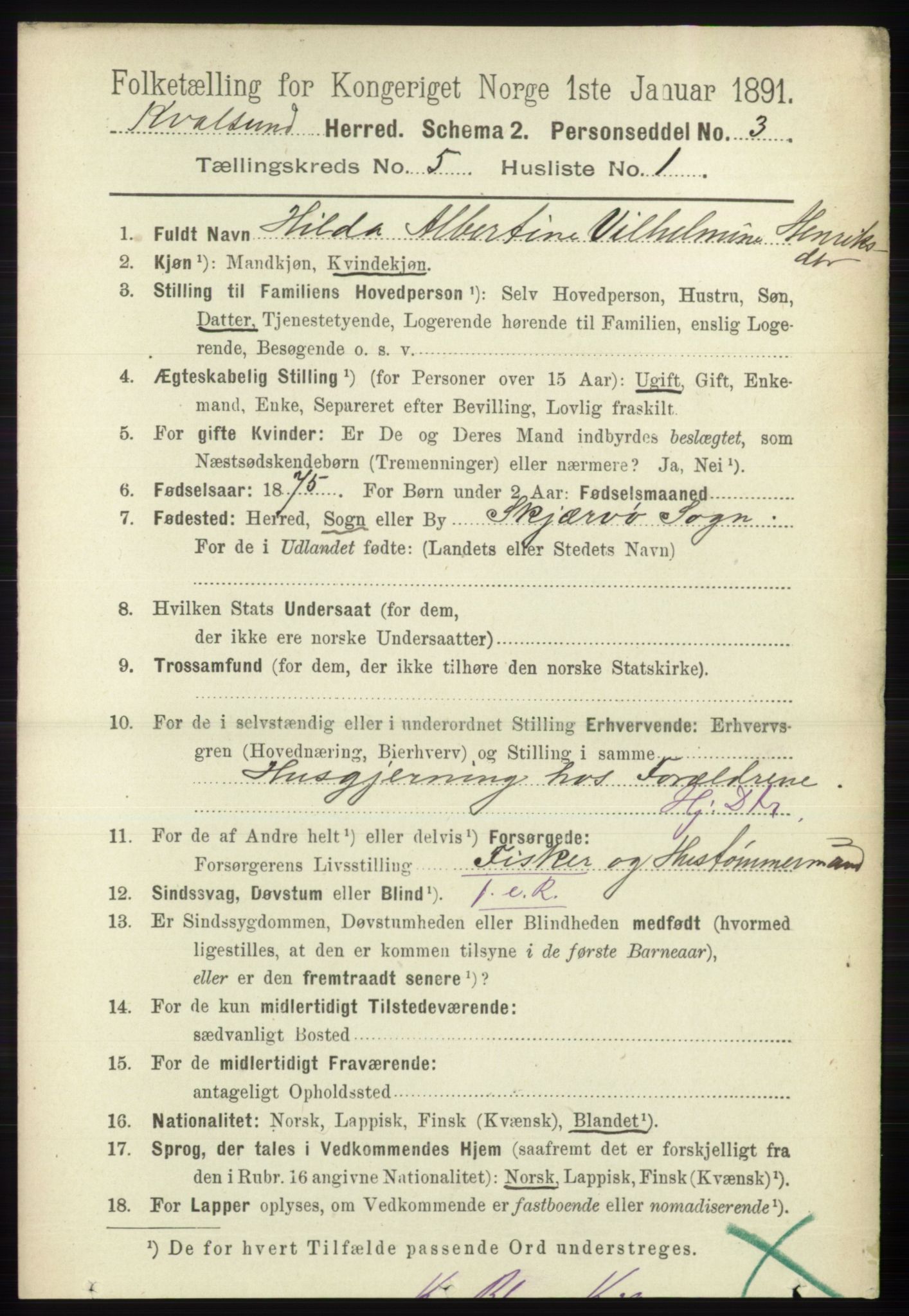 RA, 1891 census for 2017 Kvalsund, 1891, p. 517