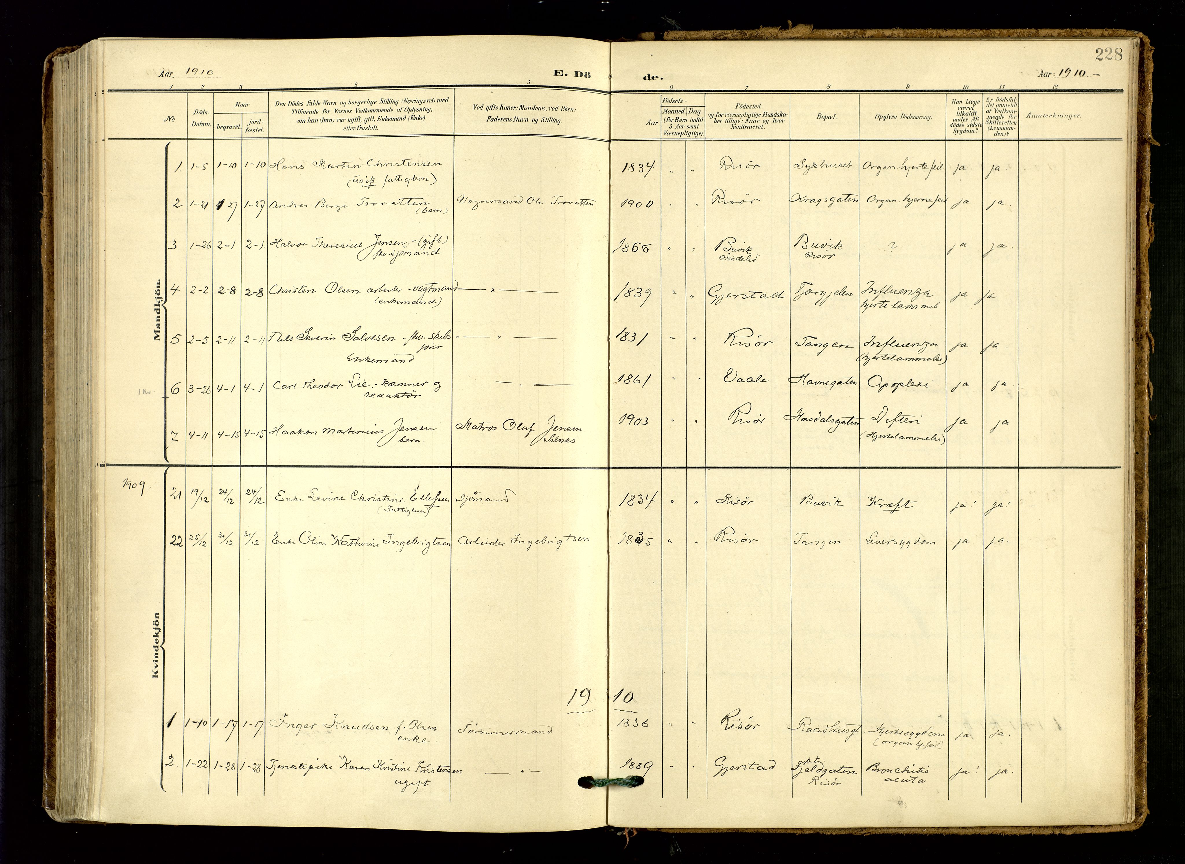 Risør sokneprestkontor, AV/SAK-1111-0035/F/Fa/L0011: Parish register (official) no. A 11, 1907-1920, p. 228