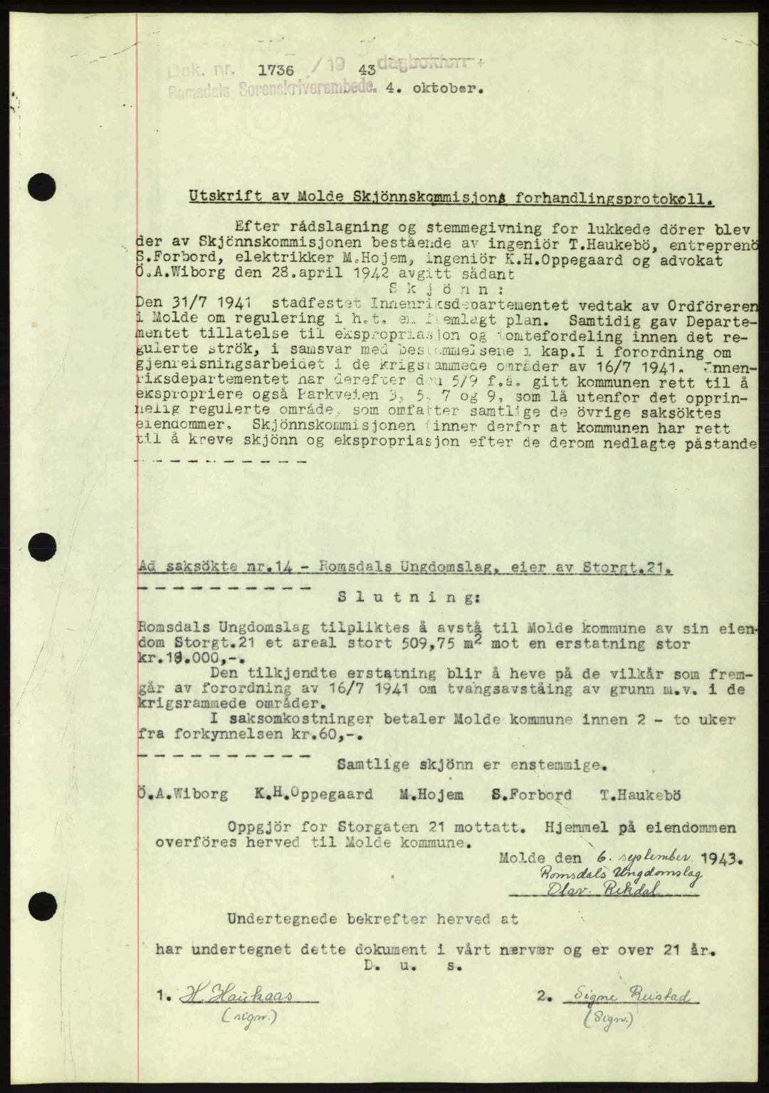 Romsdal sorenskriveri, AV/SAT-A-4149/1/2/2C: Mortgage book no. A15, 1943-1944, Diary no: : 1736/1943