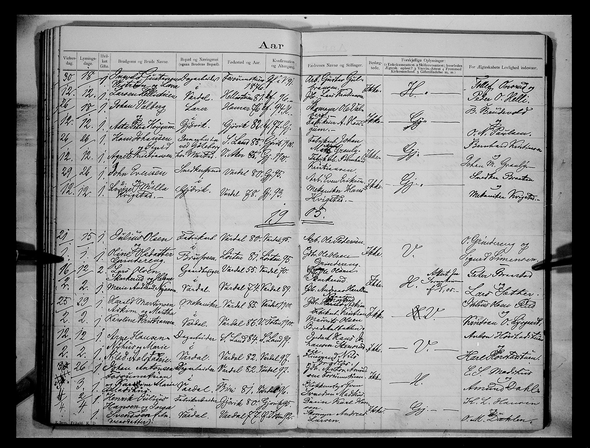 Vardal prestekontor, AV/SAH-PREST-100/H/Ha/Hab/L0004: Banns register no. 4, 1892-1907