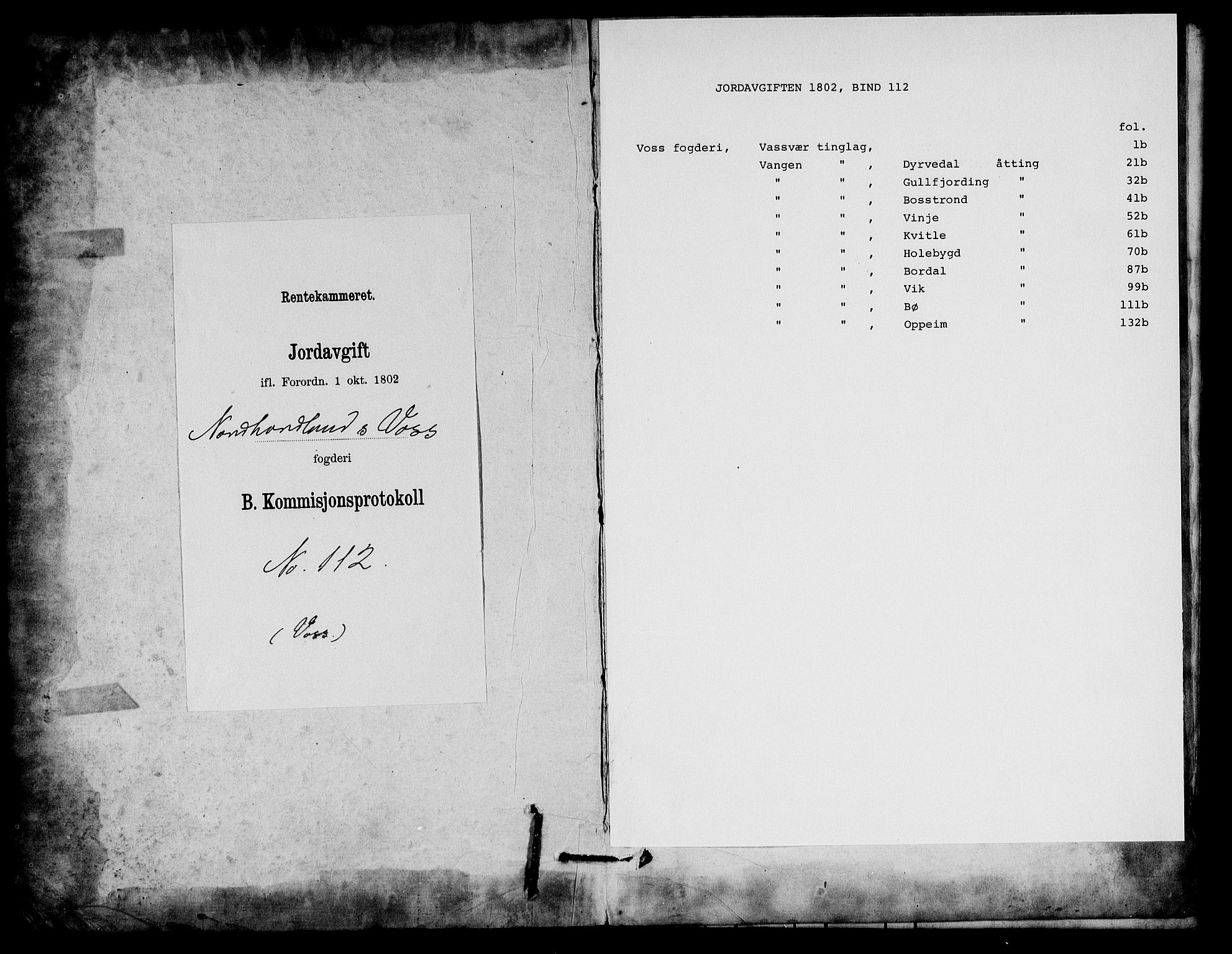 Rentekammeret inntil 1814, Realistisk ordnet avdeling, RA/EA-4070/N/Ne/Nea/L0112: Nordhordland og Voss fogderi. Kommisjonsprotokoll for Voss, 1803, p. 1