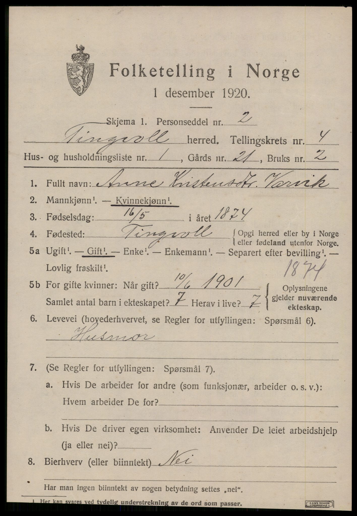 SAT, 1920 census for Tingvoll, 1920, p. 1802