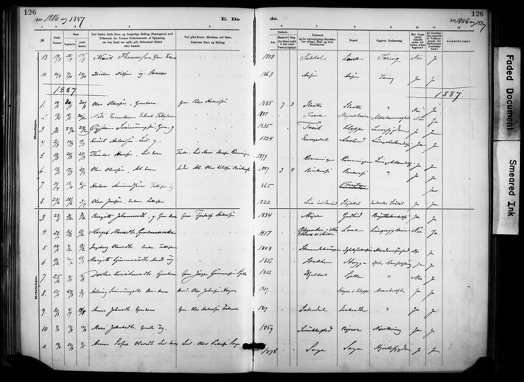 Lunde kirkebøker, SAKO/A-282/F/Fa/L0002: Parish register (official) no. I 2, 1884-1892, p. 126