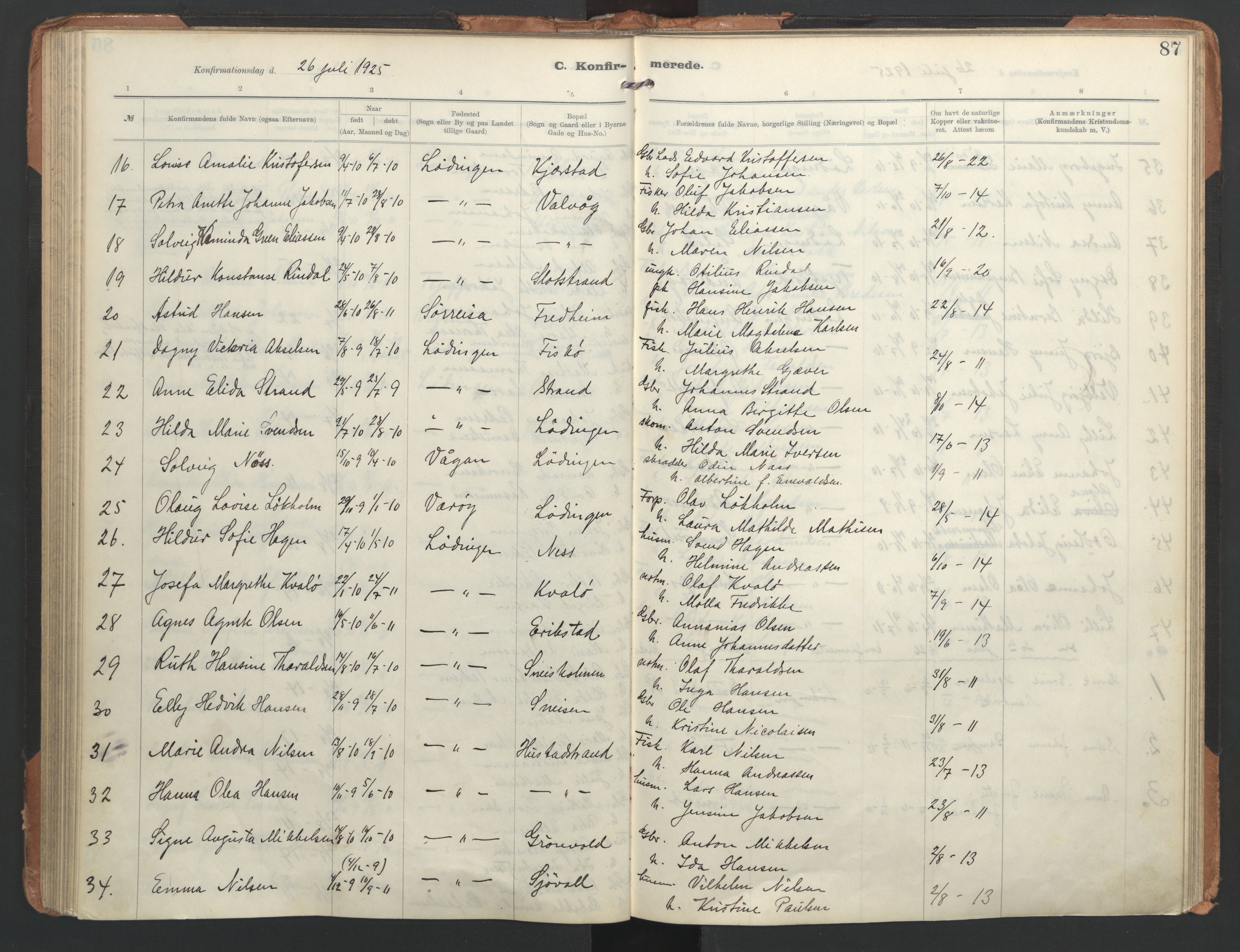 Ministerialprotokoller, klokkerbøker og fødselsregistre - Nordland, AV/SAT-A-1459/872/L1042: Parish register (official) no. 872A17, 1910-1937, p. 87