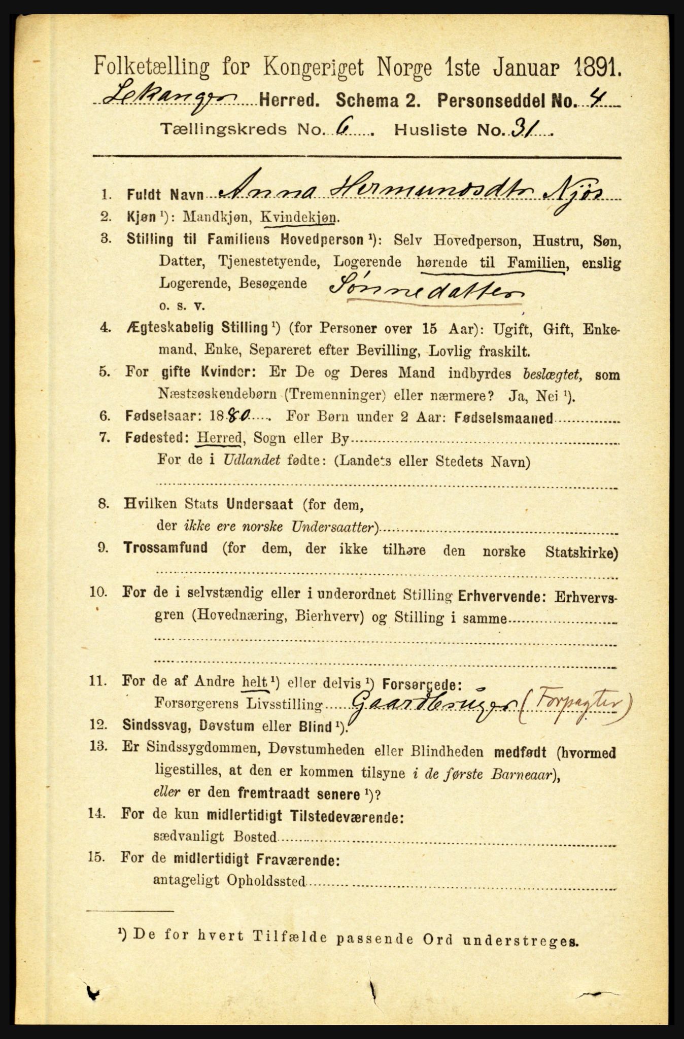 RA, 1891 census for 1419 Leikanger, 1891, p. 1297