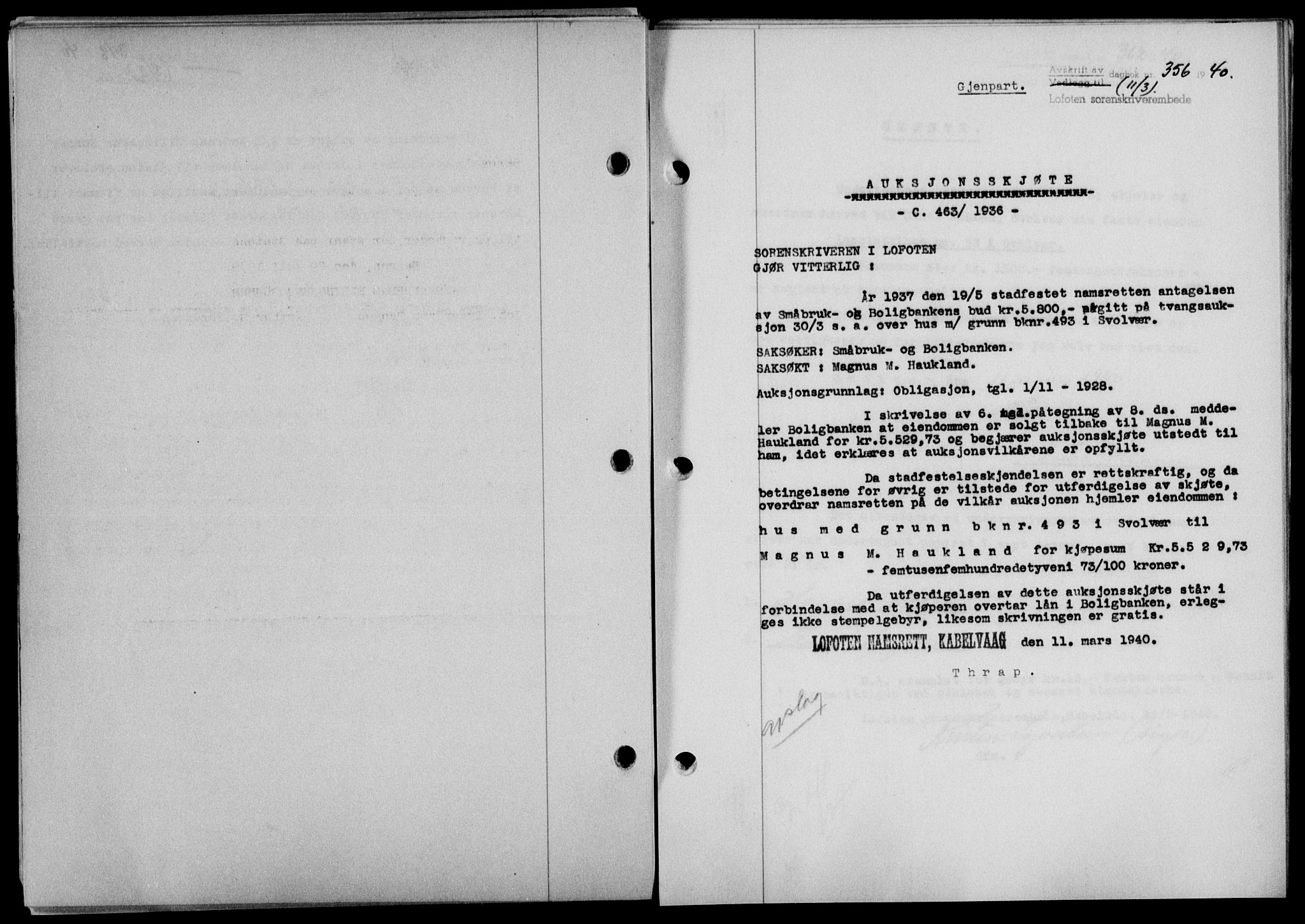 Lofoten sorenskriveri, SAT/A-0017/1/2/2C/L0007a: Mortgage book no. 7a, 1939-1940, Diary no: : 356/1940