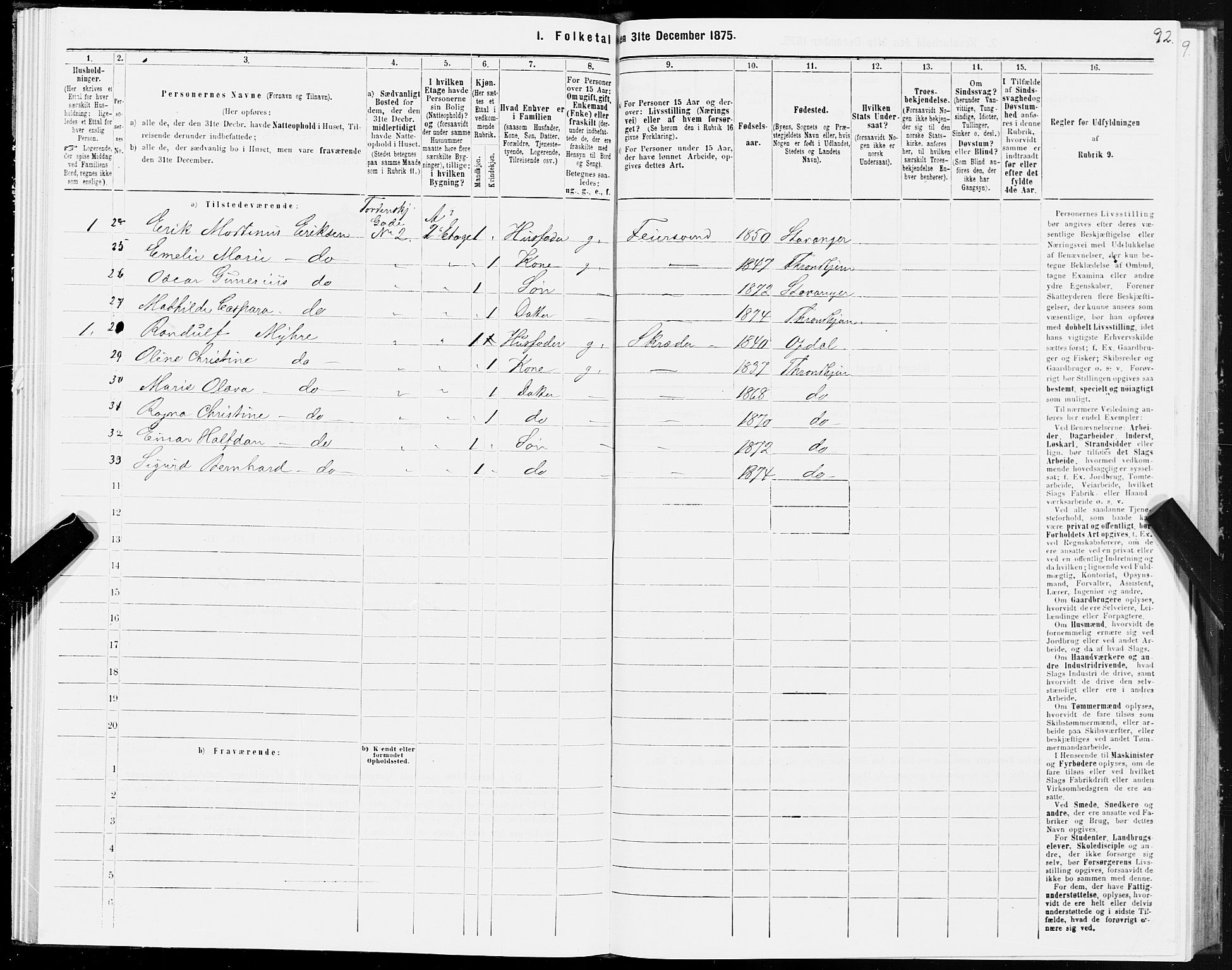 SAT, 1875 census for 1601 Trondheim, 1875, p. 5092