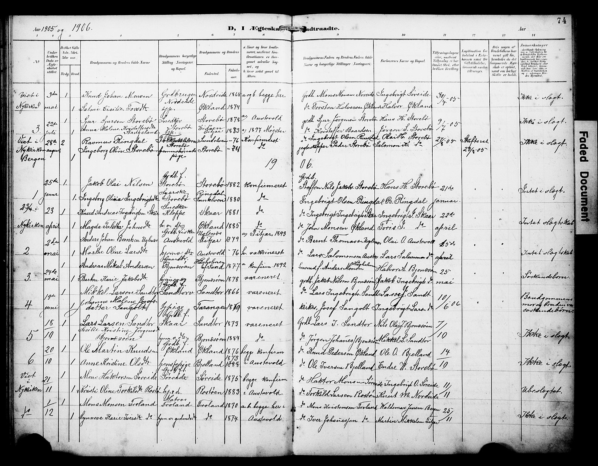 Austevoll Sokneprestembete, SAB/A-74201/H/Hab: Parish register (copy) no. A 4, 1901-1912, p. 74
