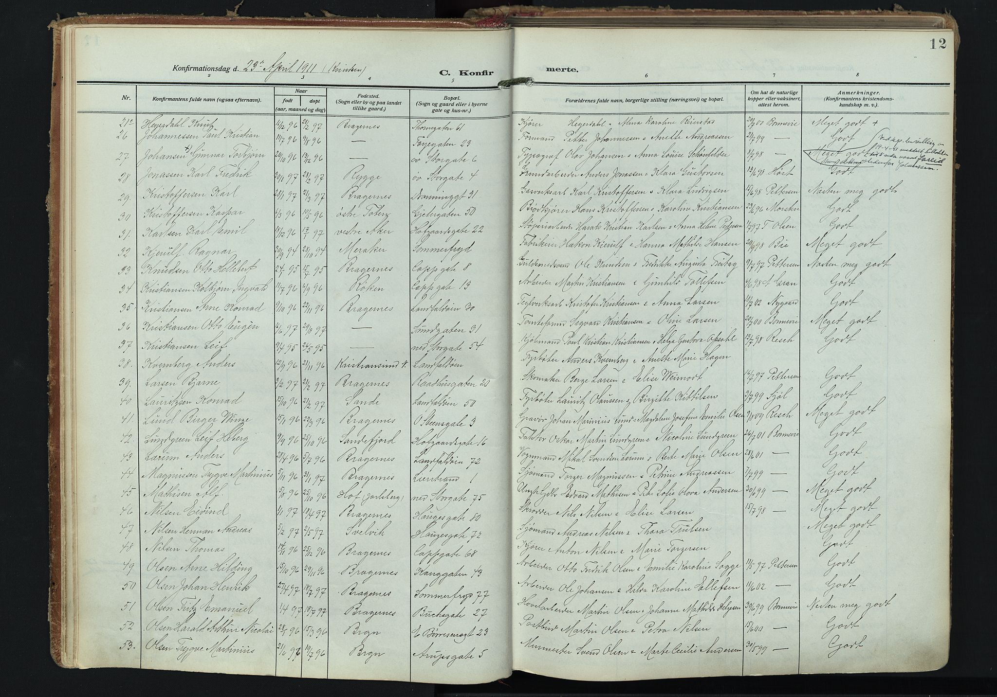 Bragernes kirkebøker, AV/SAKO-A-6/F/Fc/L0008: Parish register (official) no. III 8, 1909-1921, p. 12