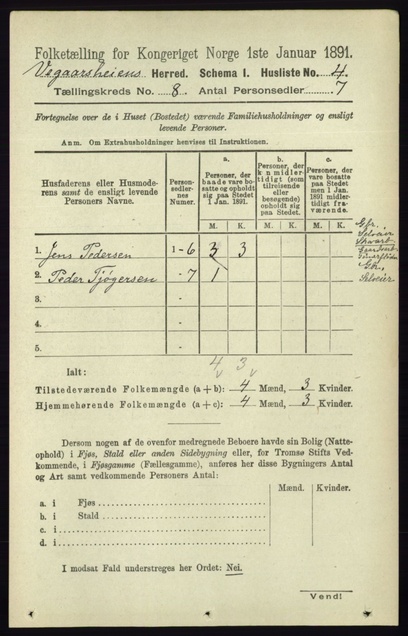 RA, 1891 census for 0912 Vegårshei, 1891, p. 1500