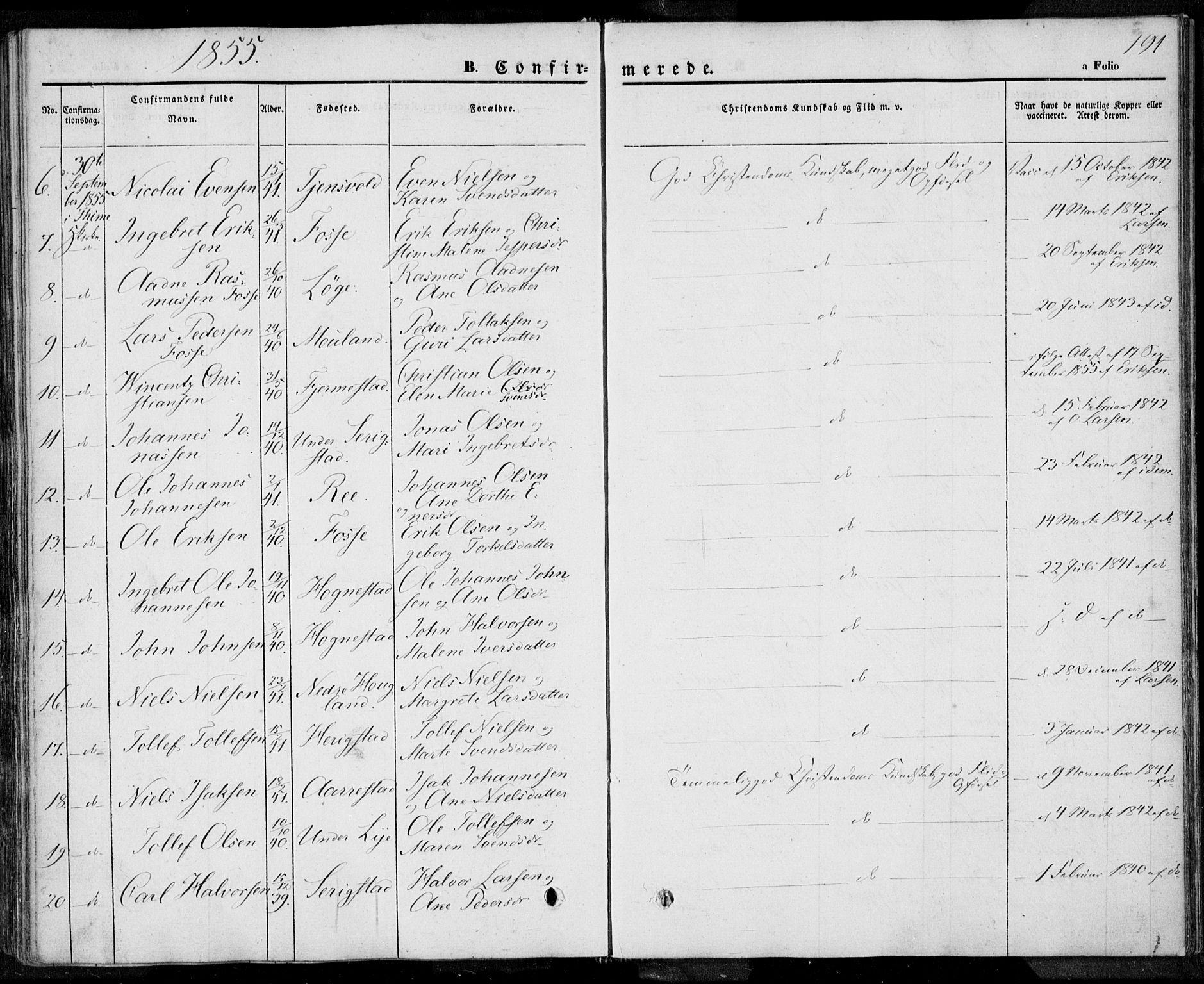 Lye sokneprestkontor, SAST/A-101794/001/30BA/L0005: Parish register (official) no. A 5.1, 1842-1855, p. 191