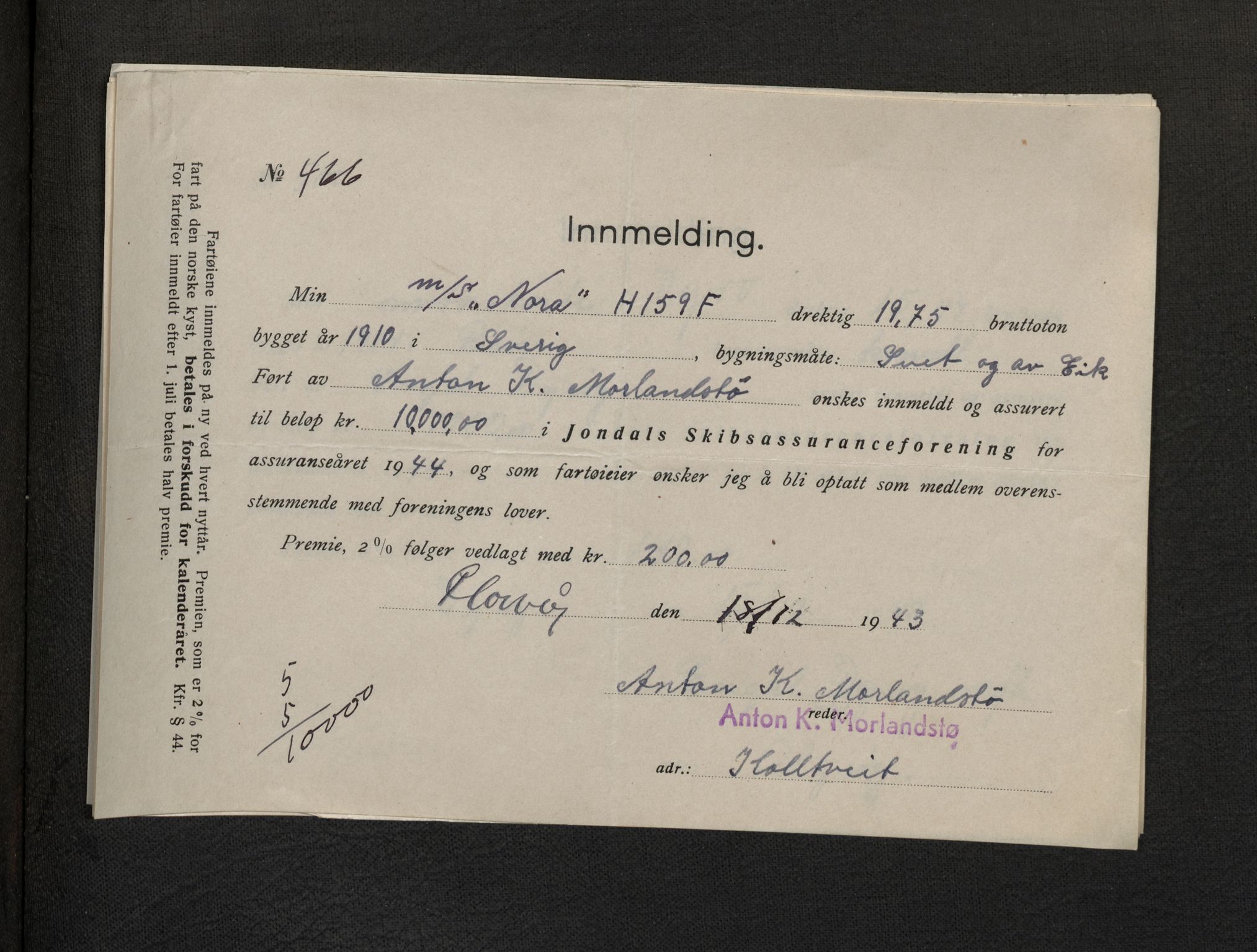 Jondal Skipsassuranseforening, AV/SAB-SAB/PA-0276/E/L0114: Korrespondanse , 1944-1946