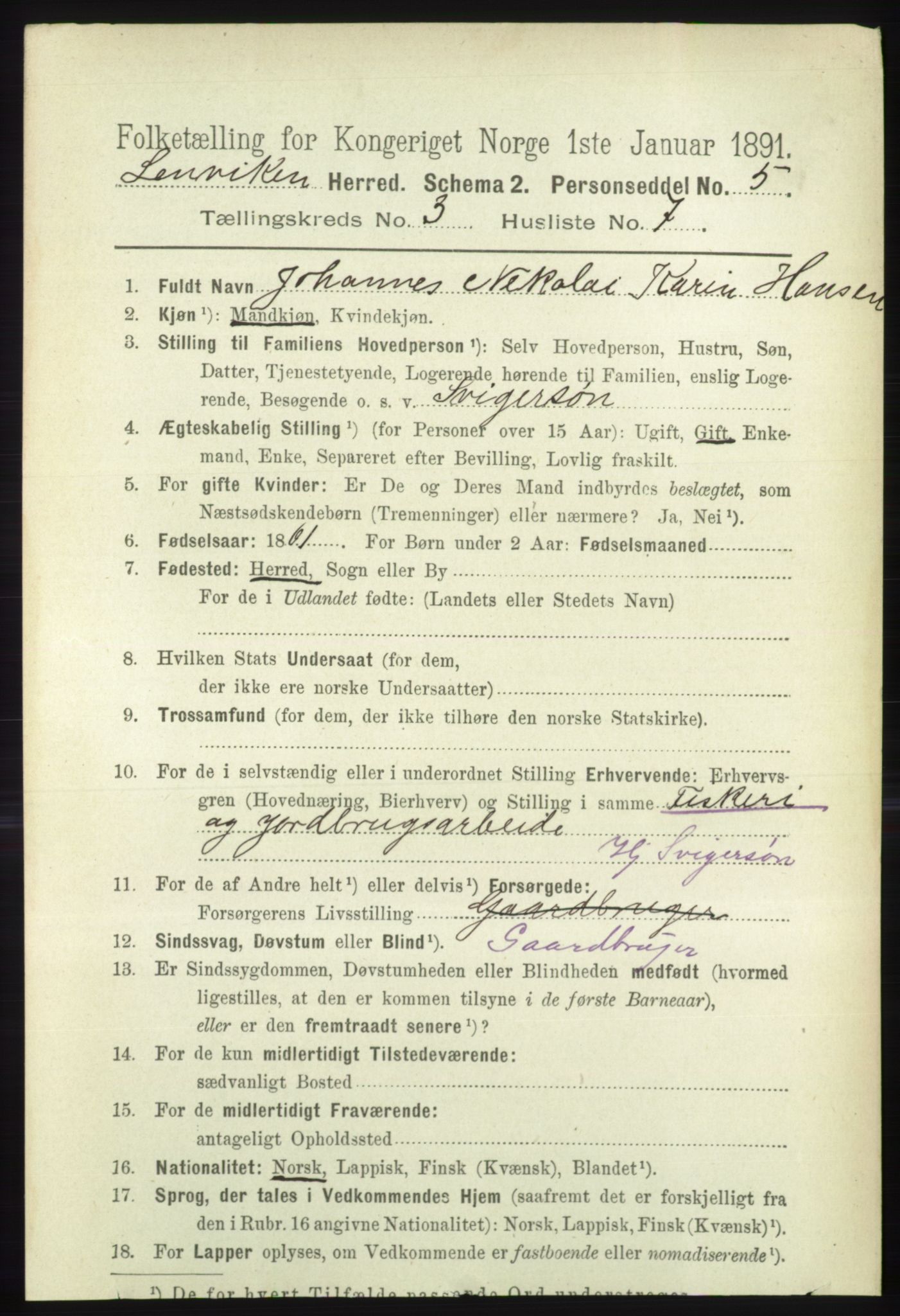 RA, 1891 census for 1931 Lenvik, 1891, p. 1402