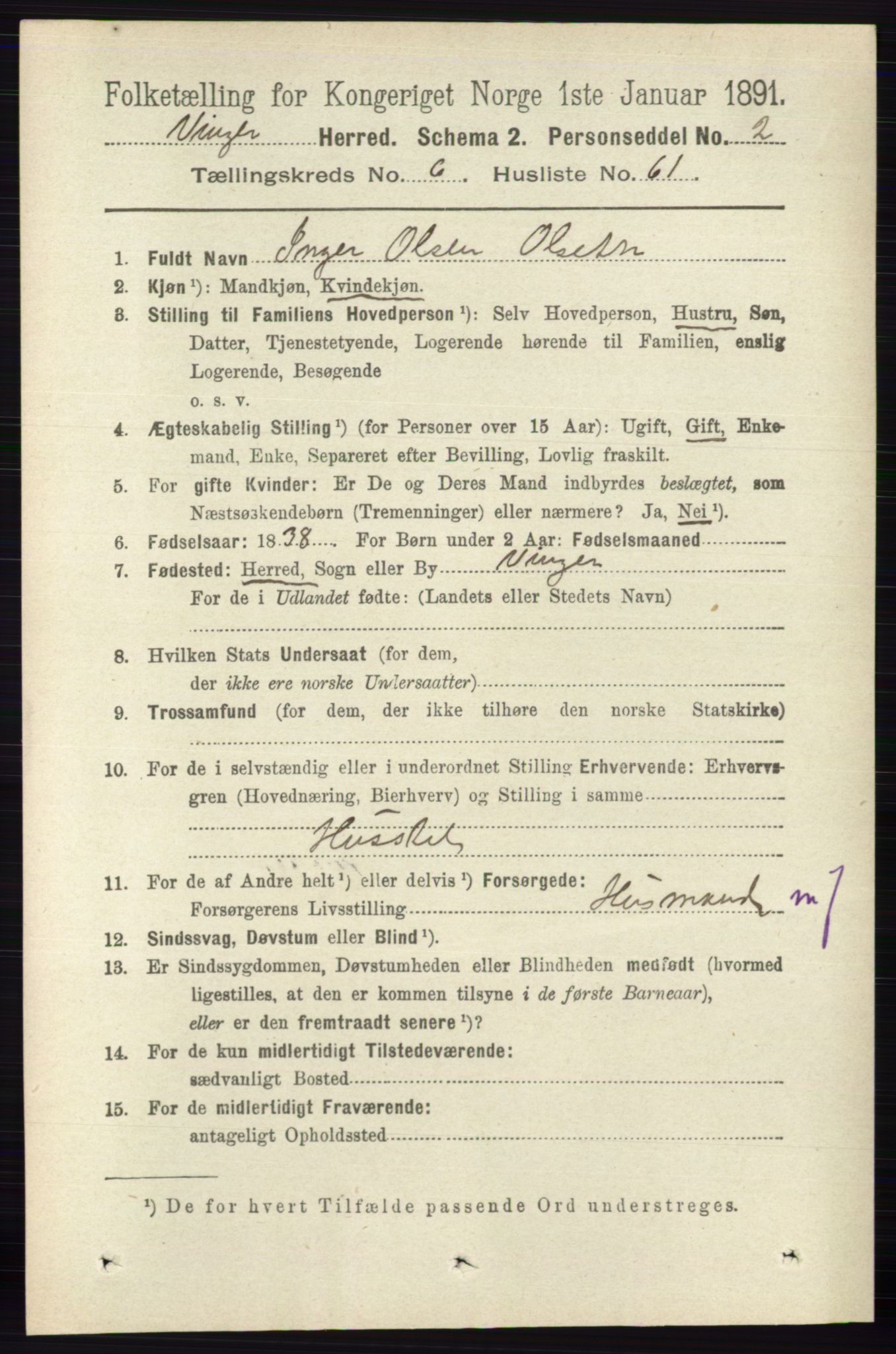 RA, 1891 census for 0421 Vinger, 1891, p. 2966