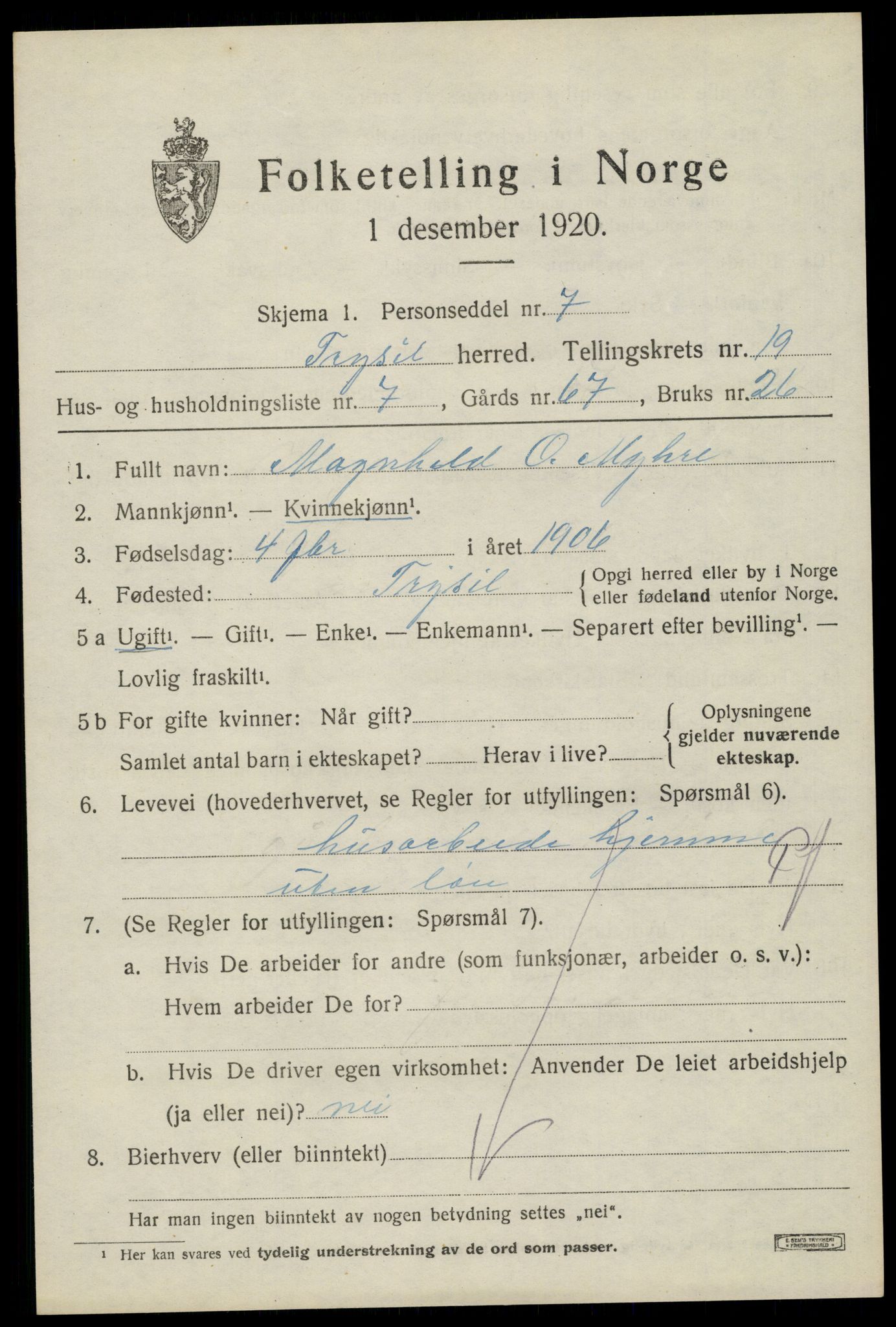 SAH, 1920 census for Trysil, 1920, p. 12805