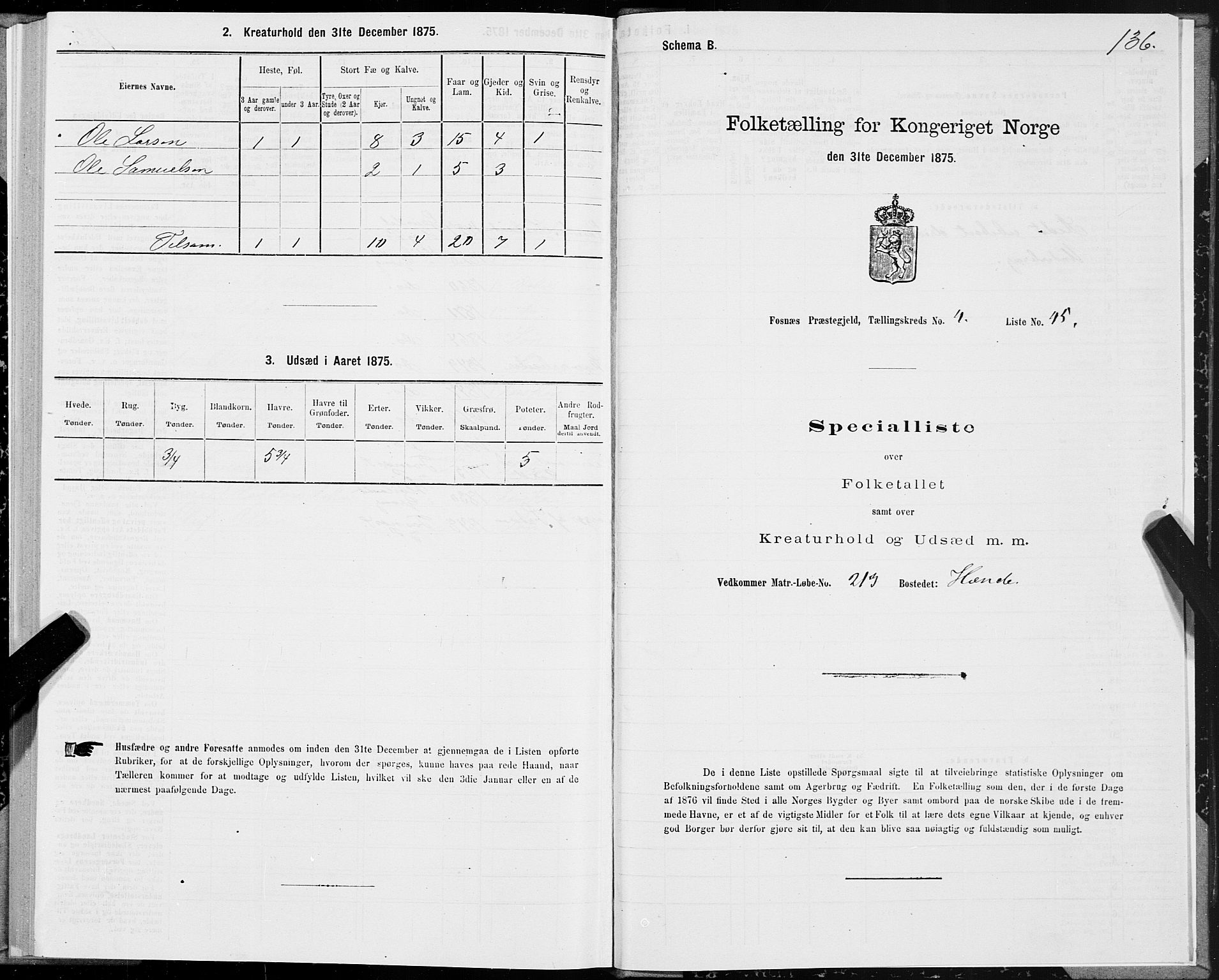 SAT, 1875 census for 1748P Fosnes, 1875, p. 2136