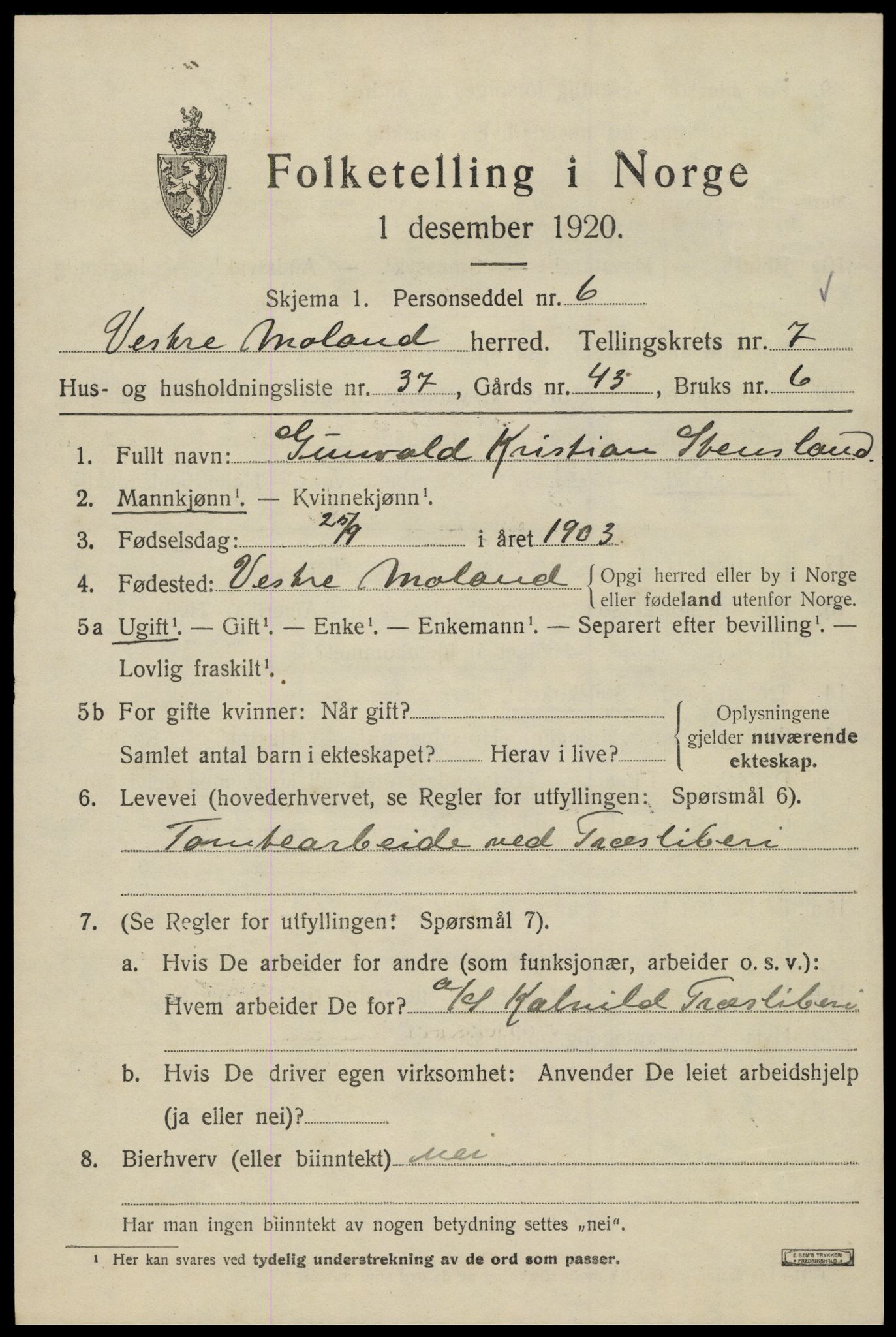 SAK, 1920 census for Vestre Moland, 1920, p. 5179