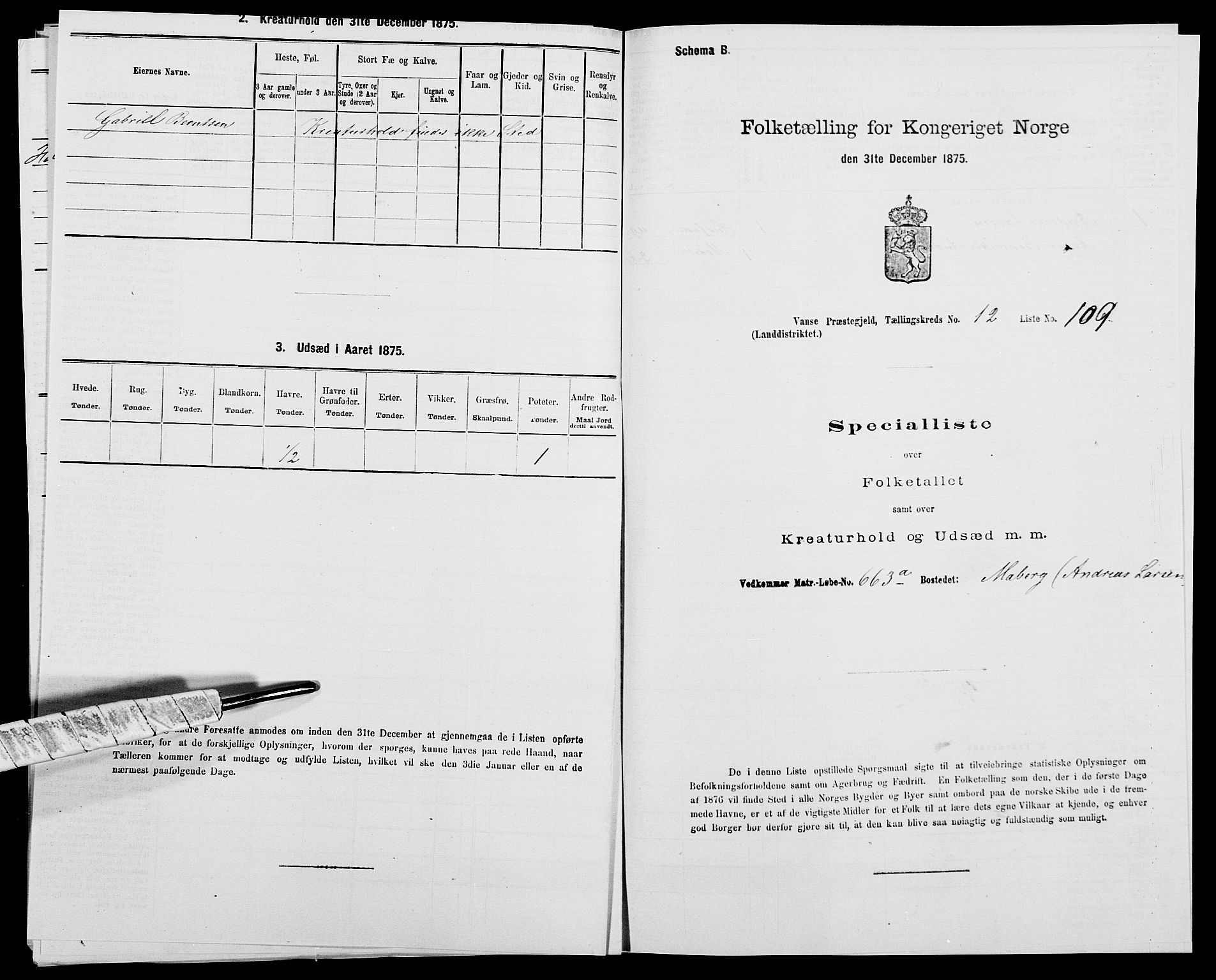 SAK, 1875 census for 1041L Vanse/Vanse og Farsund, 1875, p. 2375