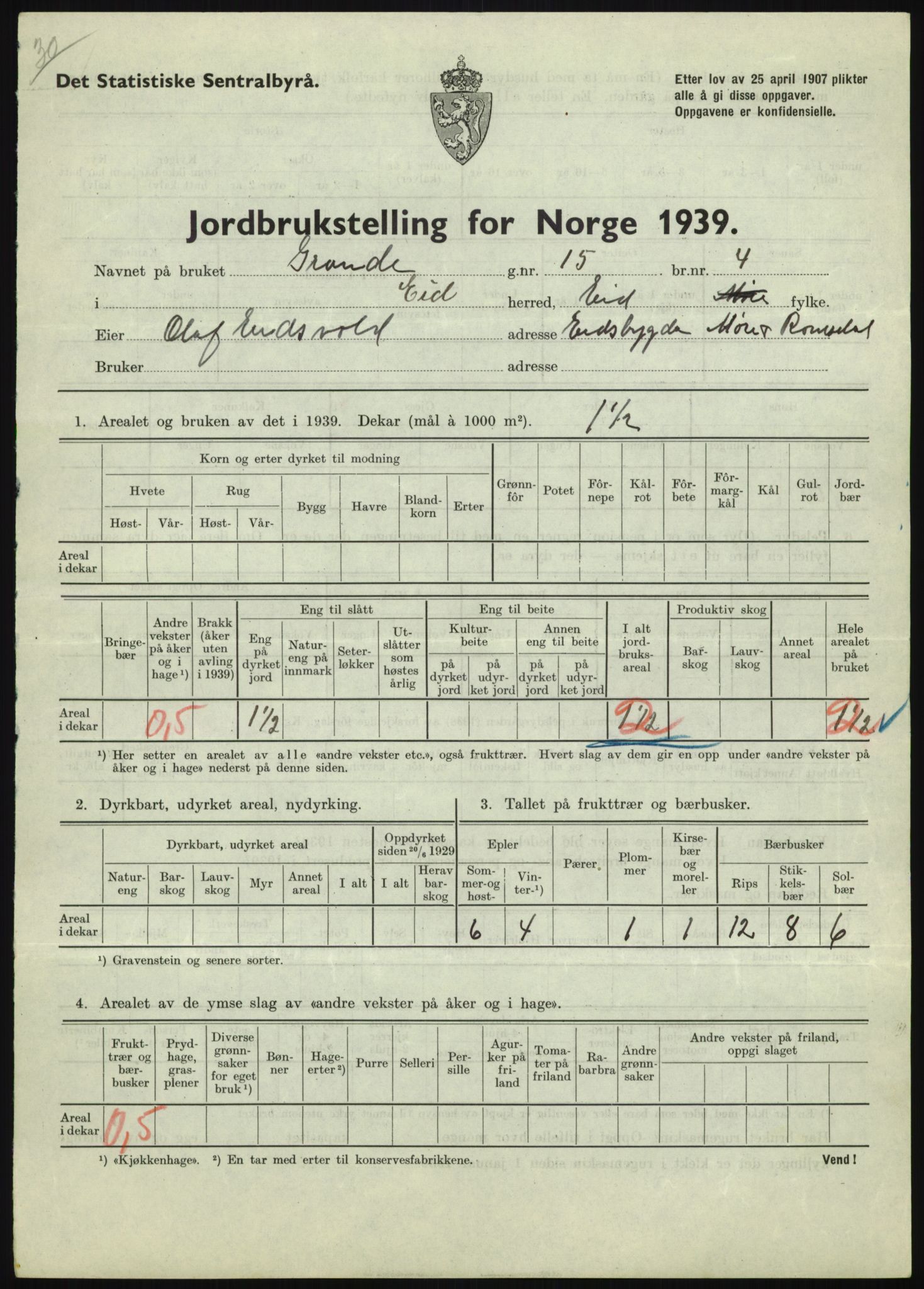 Statistisk sentralbyrå, Næringsøkonomiske emner, Jordbruk, skogbruk, jakt, fiske og fangst, AV/RA-S-2234/G/Gb/L0251: Møre og Romsdal: Voll, Eid, Grytten og Hen, 1939, p. 357