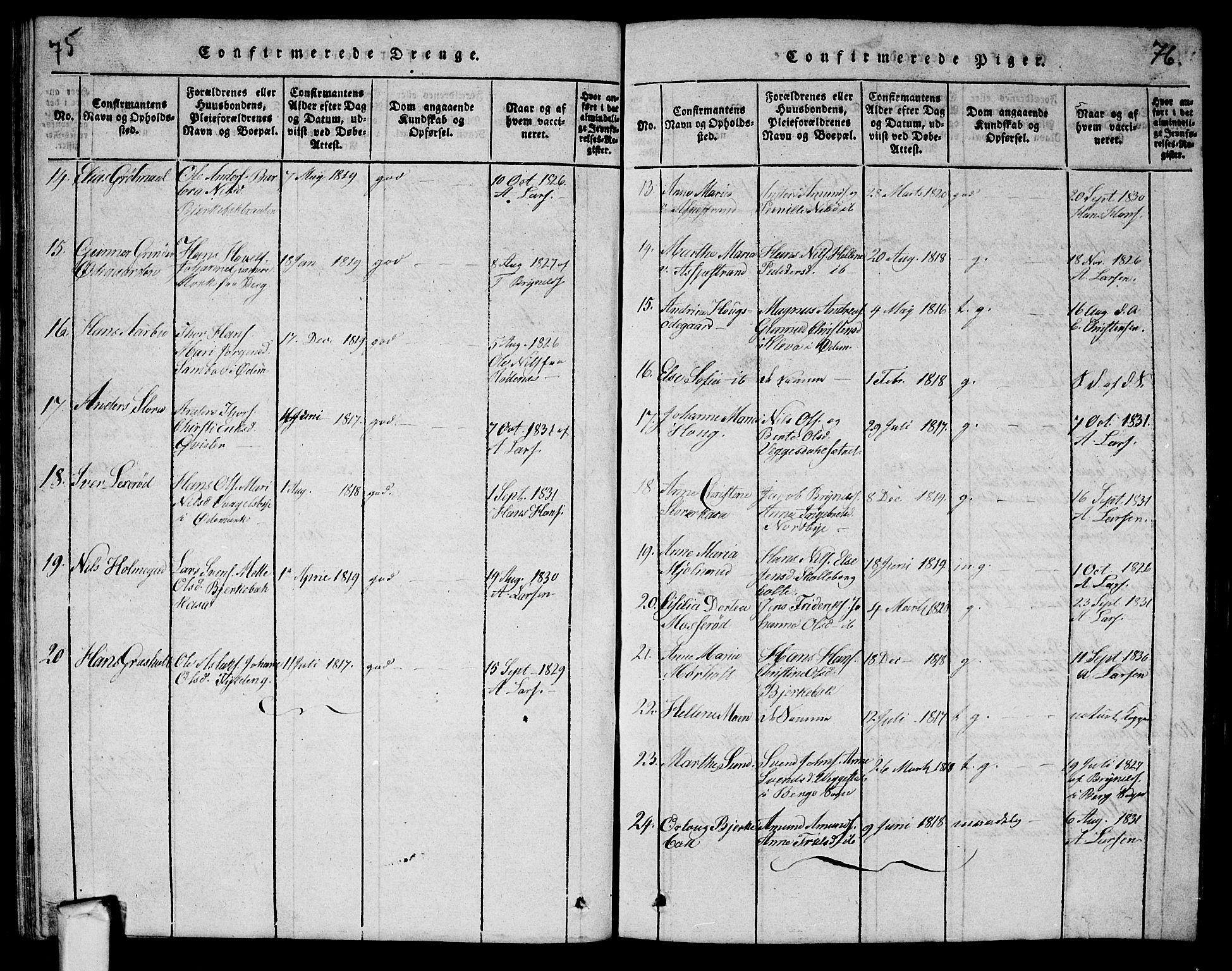 Aremark prestekontor Kirkebøker, AV/SAO-A-10899/G/Ga/L0001: Parish register (copy) no.  I 1, 1814-1834, p. 75-76