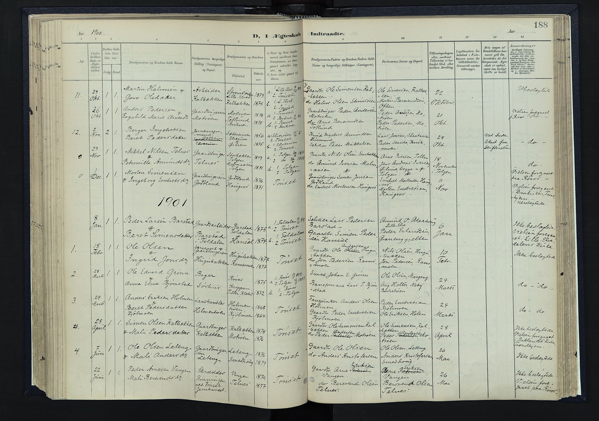 Tynset prestekontor, SAH/PREST-058/H/Ha/Haa/L0025: Parish register (official) no. 25, 1900-1914, p. 188