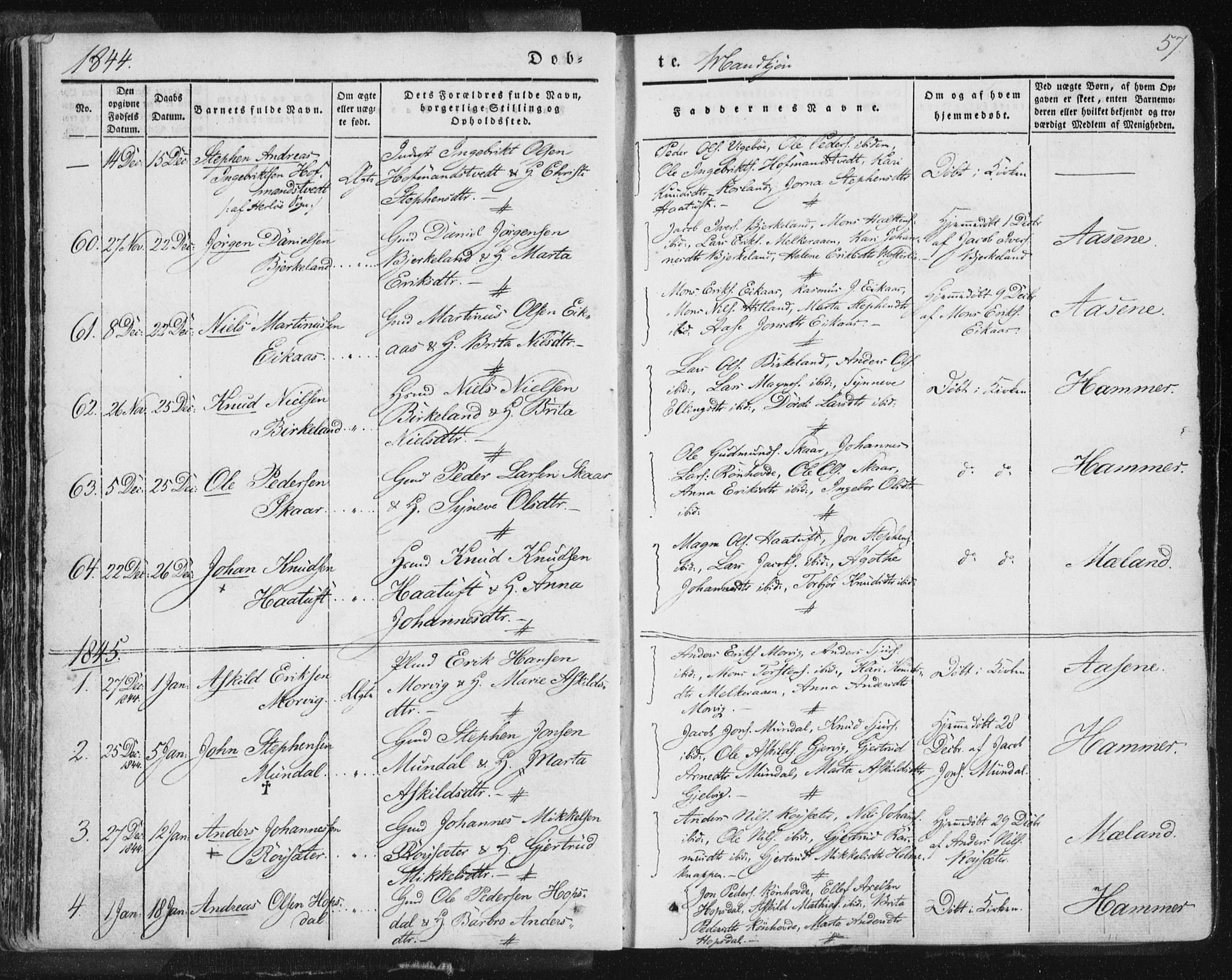 Hamre sokneprestembete, SAB/A-75501/H/Ha/Haa/Haaa/L0012: Parish register (official) no. A 12, 1834-1845, p. 57