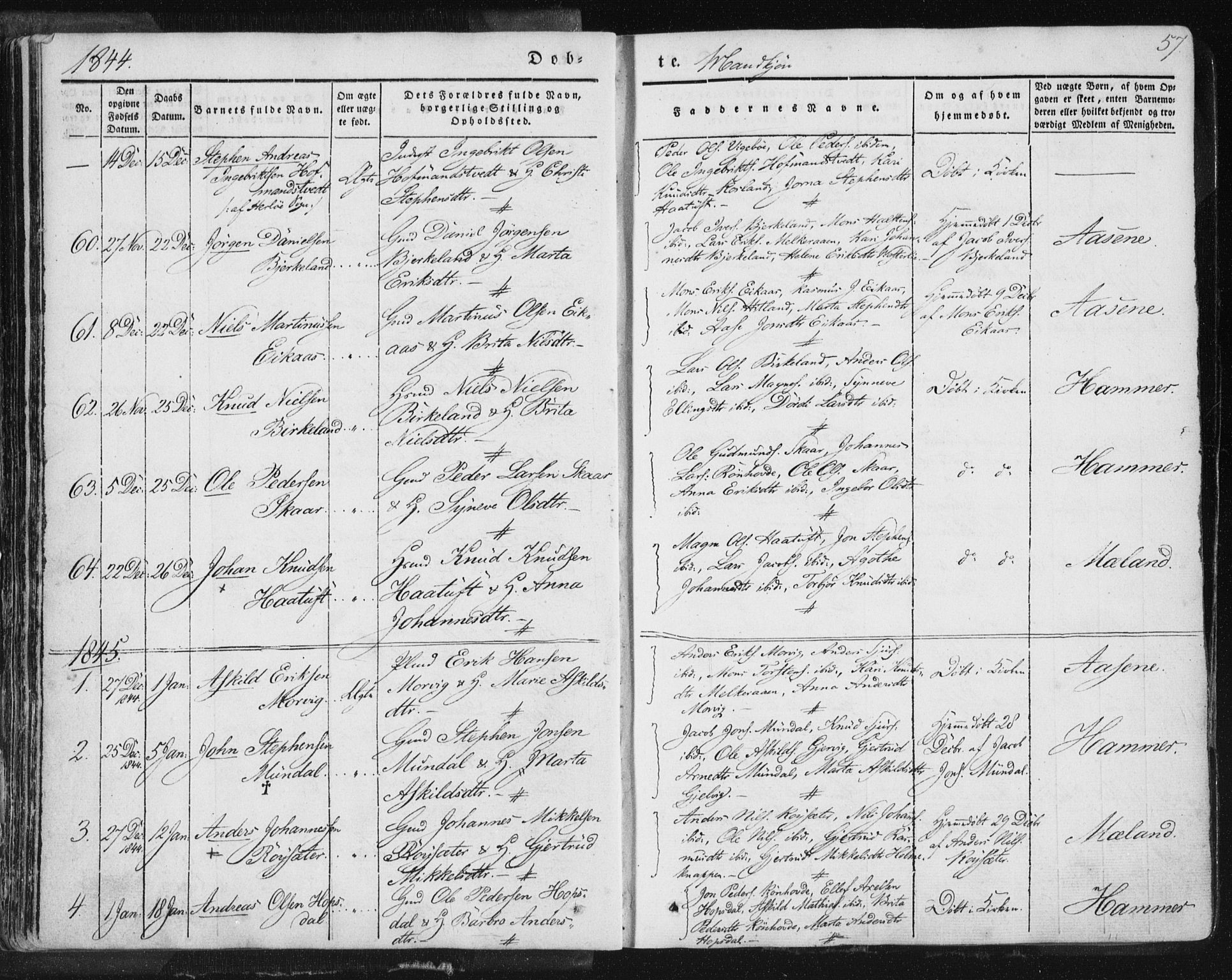 Hamre sokneprestembete, AV/SAB-A-75501/H/Ha/Haa/Haaa/L0012: Parish register (official) no. A 12, 1834-1845, p. 57