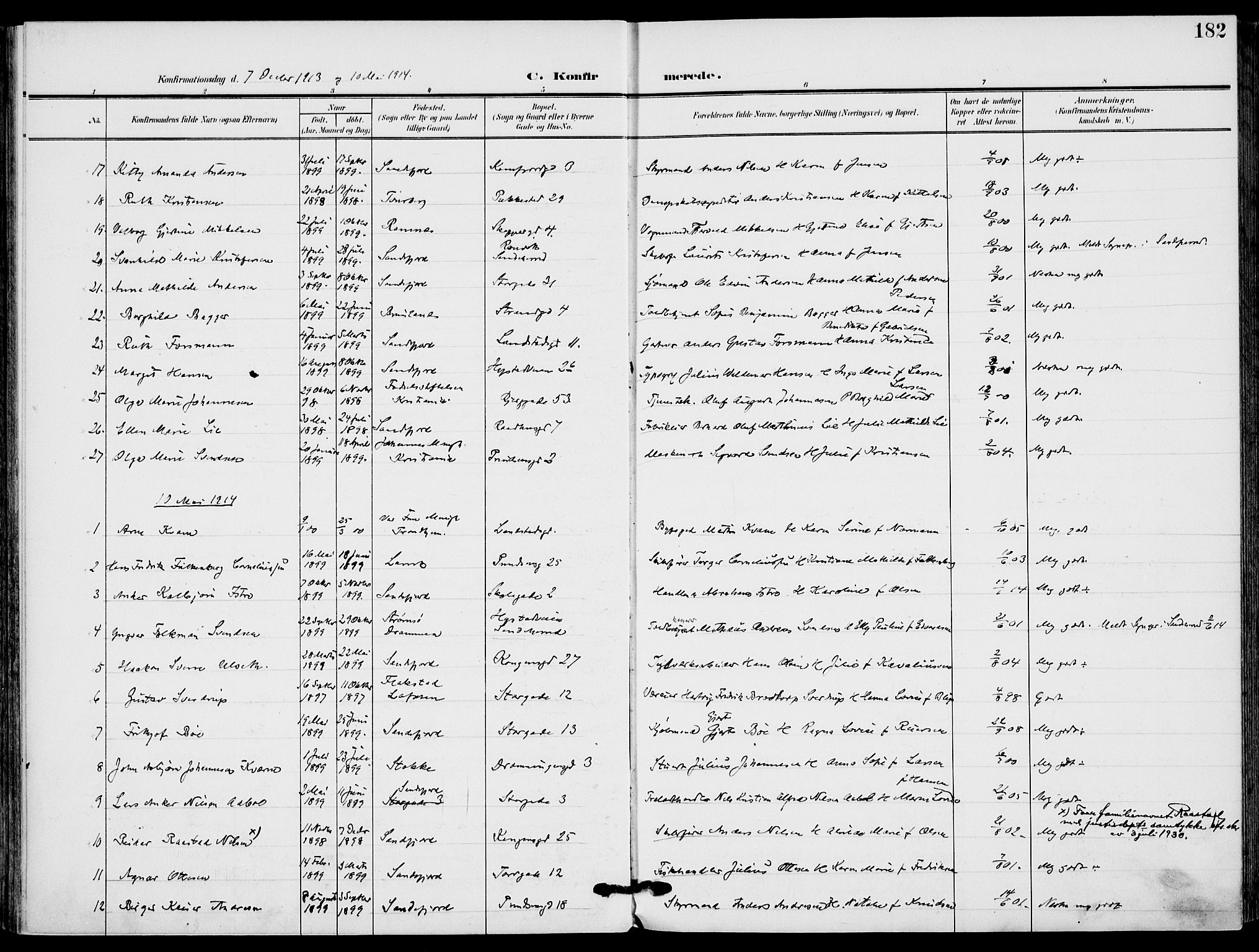 Sandefjord kirkebøker, SAKO/A-315/F/Fa/L0005: Parish register (official) no. 5, 1906-1915, p. 182