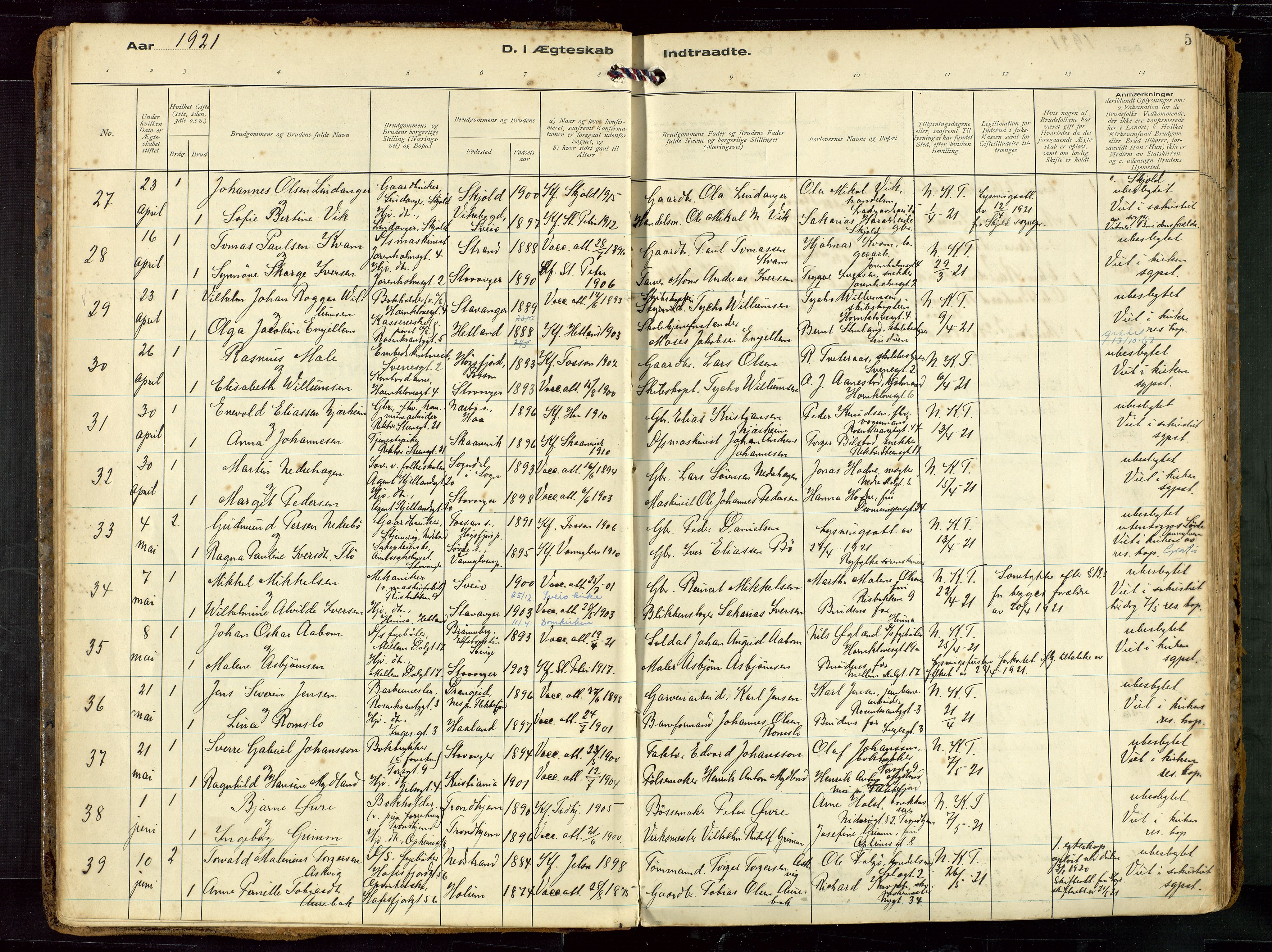 St. Petri sokneprestkontor, SAST/A-101813/002/D/L0002: Parish register (official) no. A 27, 1921-1942, p. 5