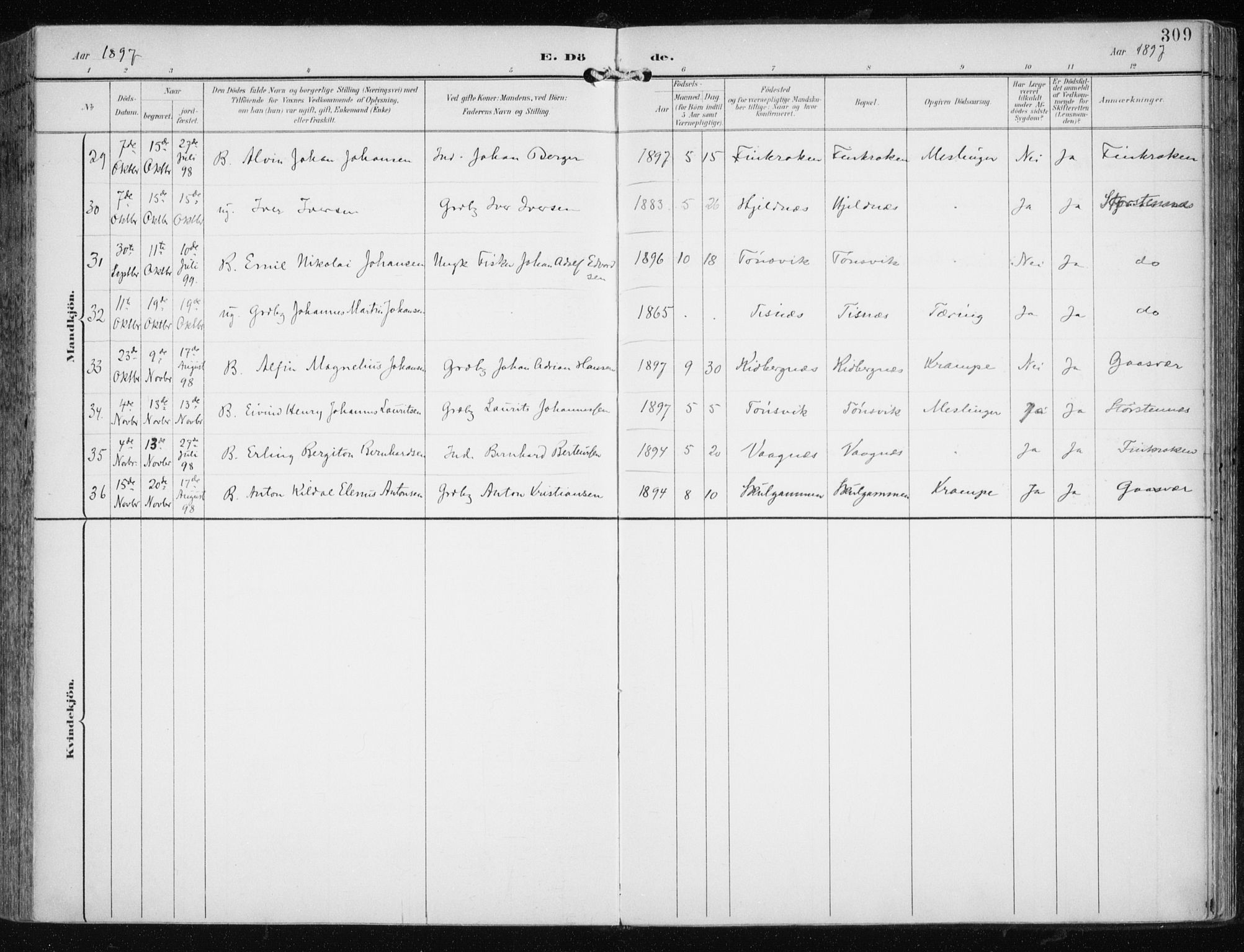 Tromsøysund sokneprestkontor, AV/SATØ-S-1304/G/Ga/L0006kirke: Parish register (official) no. 6, 1897-1906, p. 309