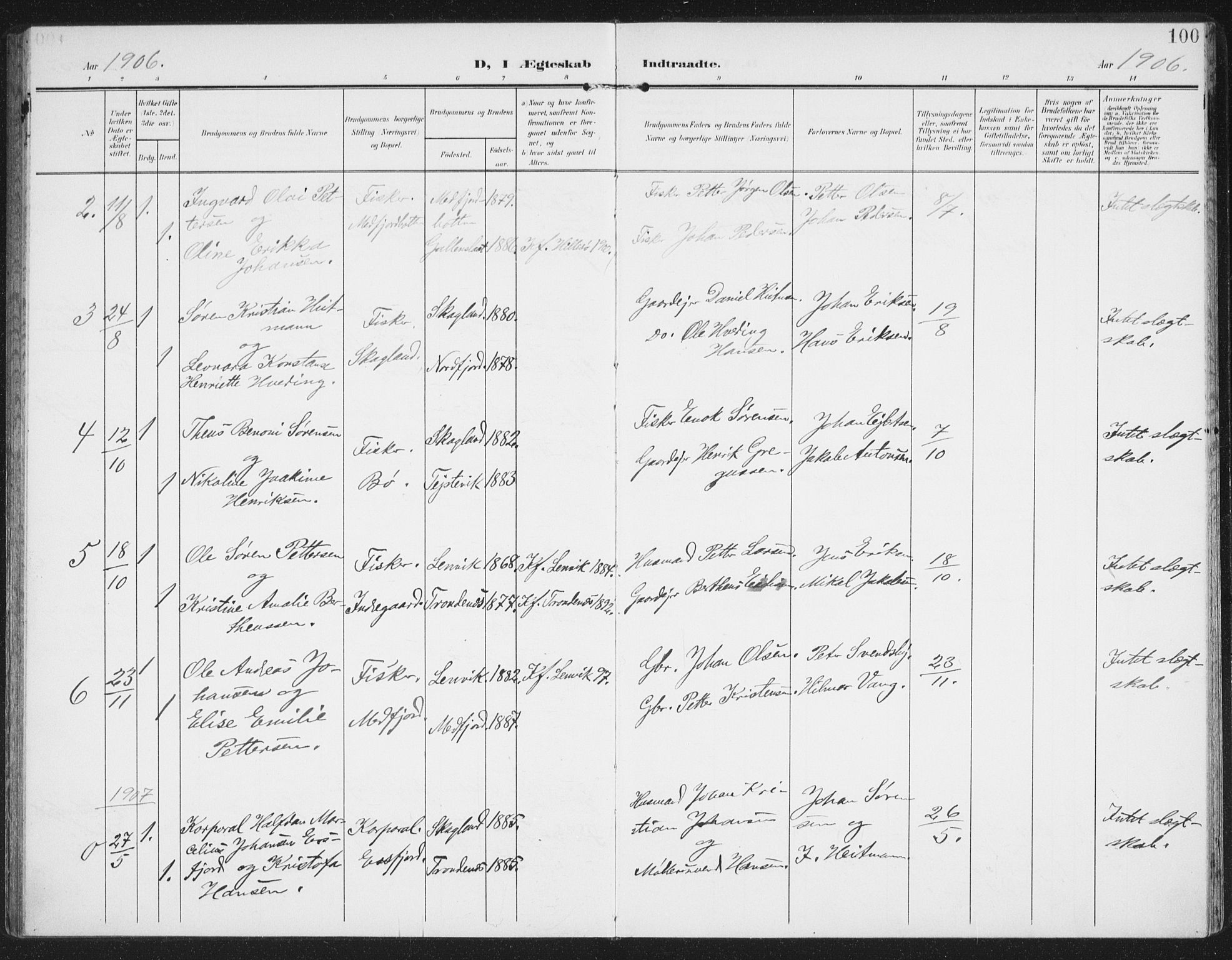Berg sokneprestkontor, SATØ/S-1318/G/Ga/Gaa/L0007kirke: Parish register (official) no. 7, 1906-1915, p. 100