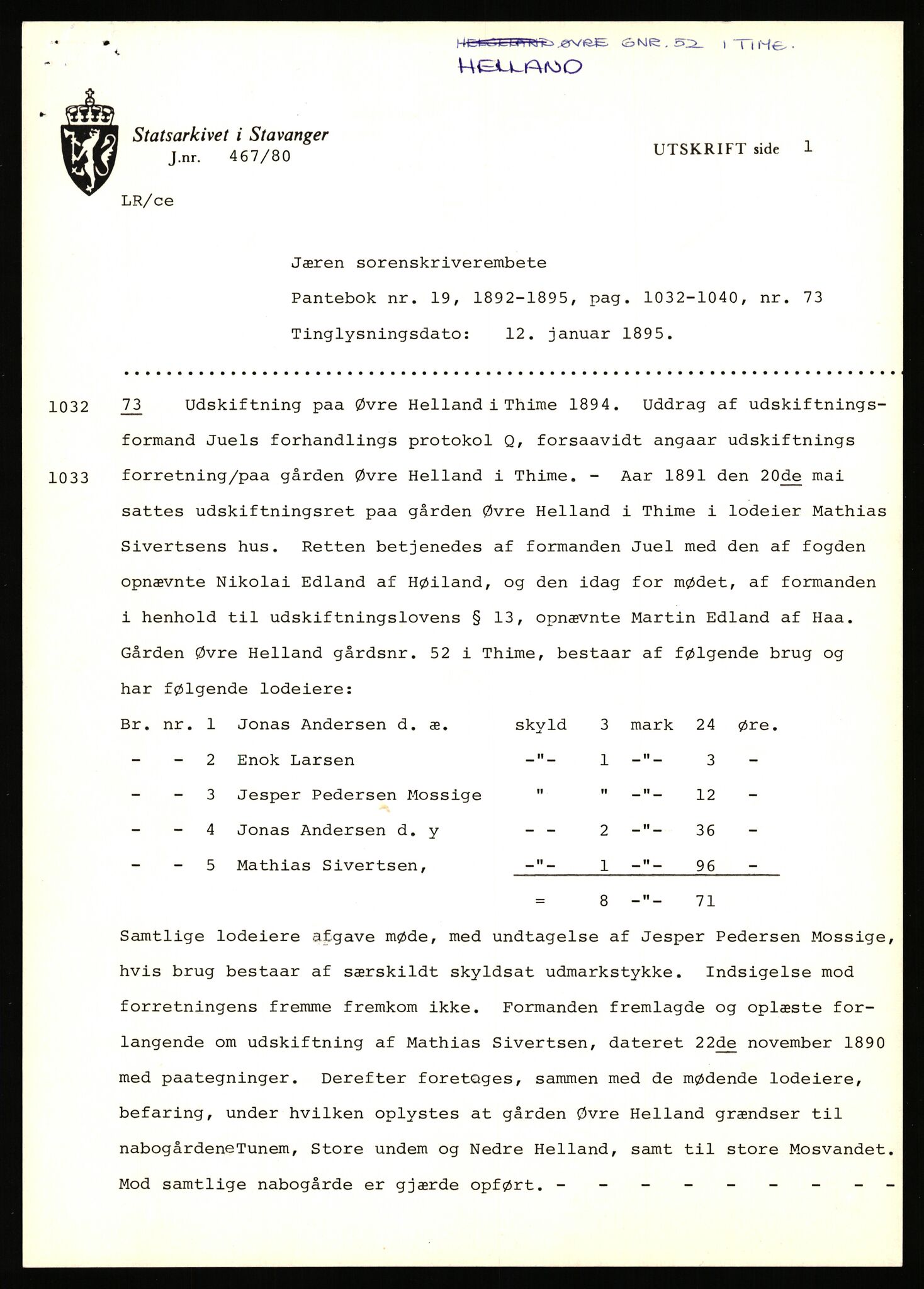 Statsarkivet i Stavanger, AV/SAST-A-101971/03/Y/Yj/L0034: Avskrifter sortert etter gårdsnavn: Helgeland i Bjerkreim - Helle nedre, 1750-1930, p. 542