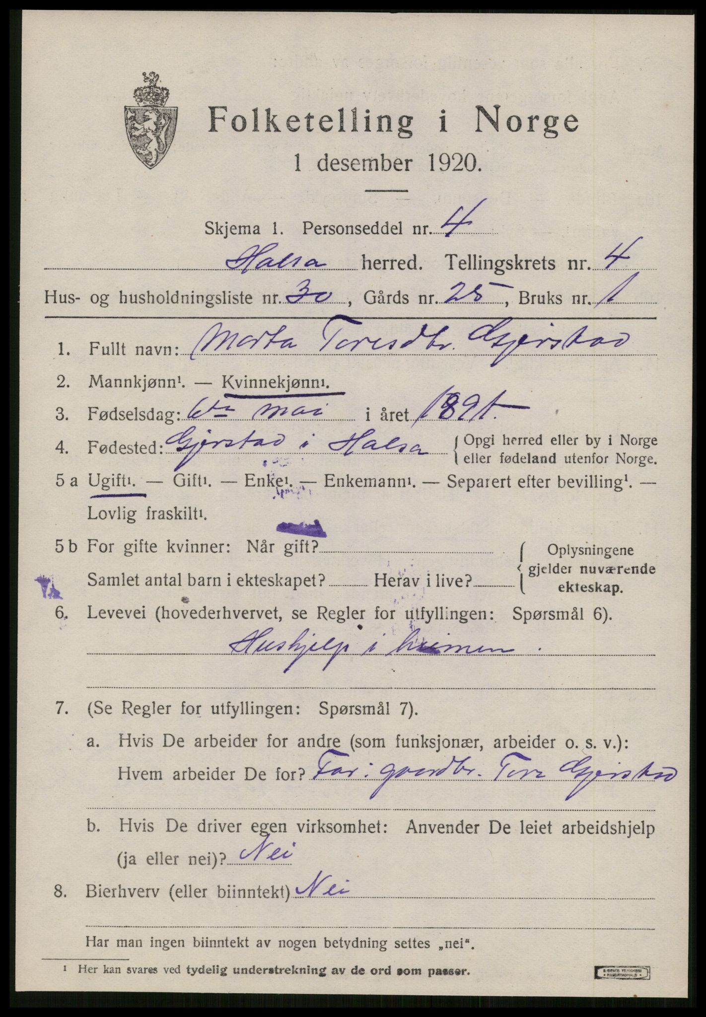 SAT, 1920 census for Halsa, 1920, p. 1997