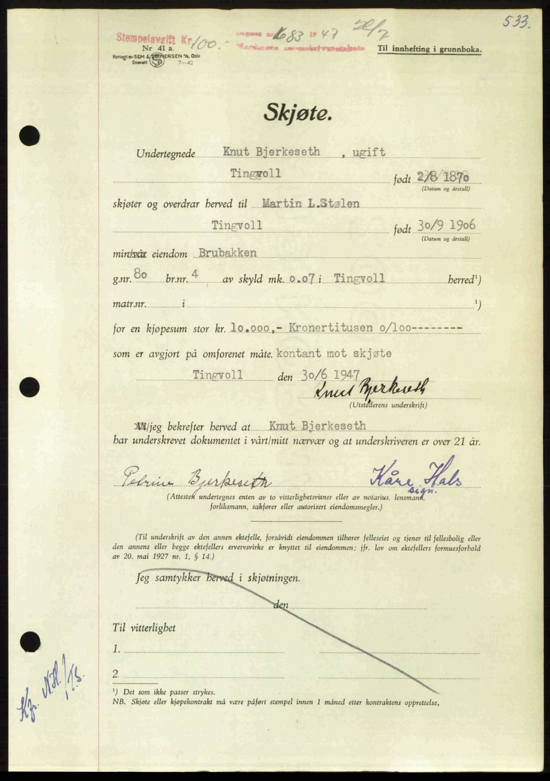 Nordmøre sorenskriveri, AV/SAT-A-4132/1/2/2Ca: Mortgage book no. A105, 1947-1947, Diary no: : 1683/1947