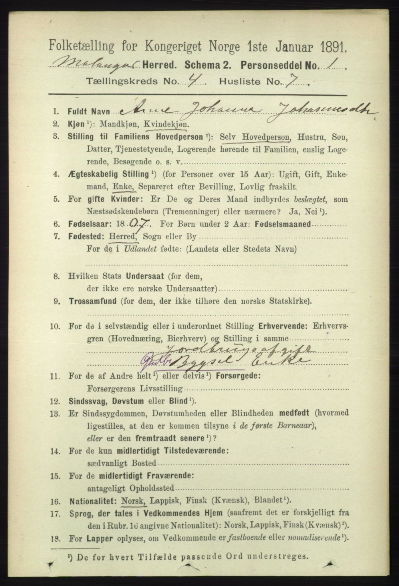 RA, 1891 census for 1932 Malangen, 1891, p. 1139