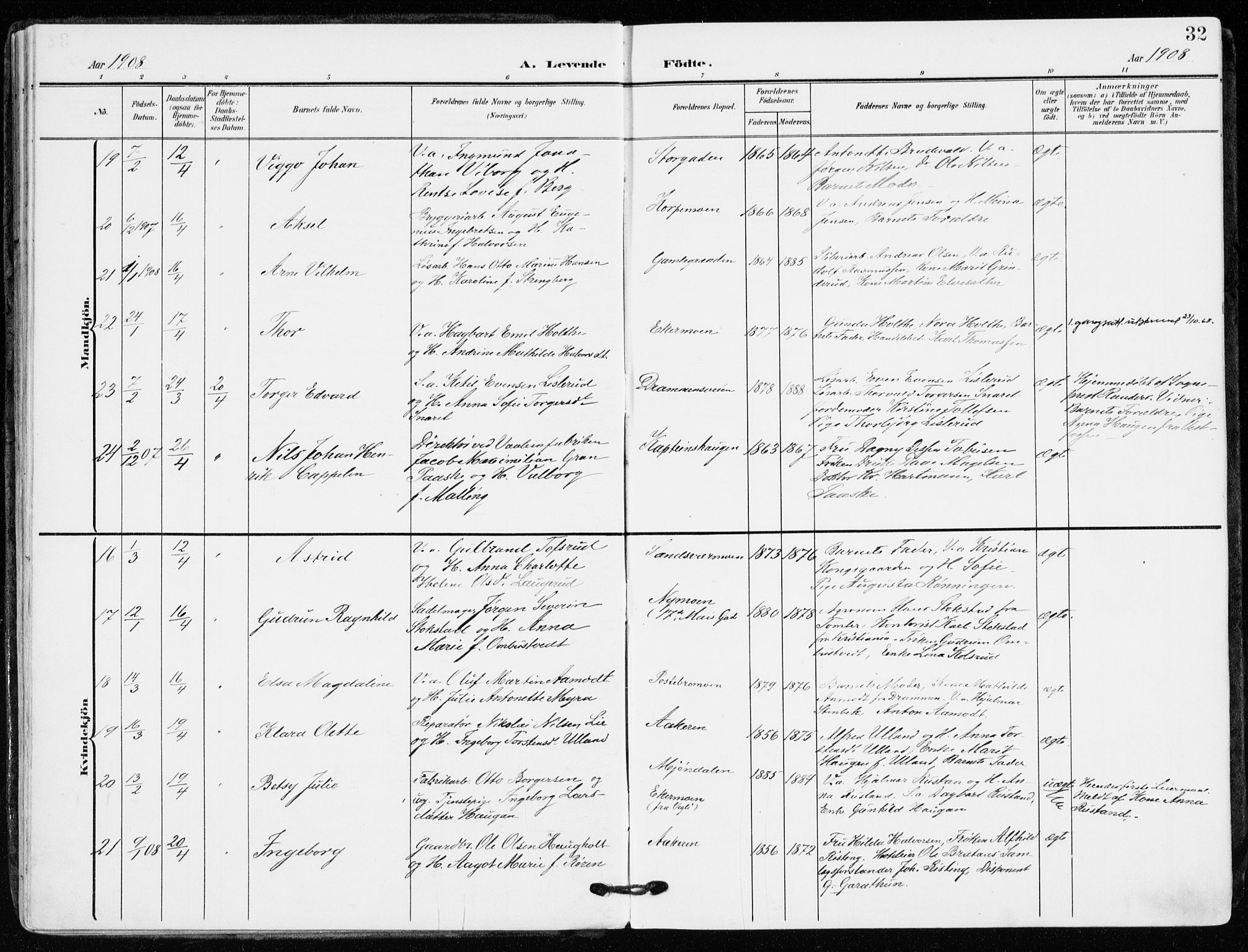 Kongsberg kirkebøker, SAKO/A-22/F/Fb/L0004: Parish register (official) no. II 4, 1906-1918, p. 32