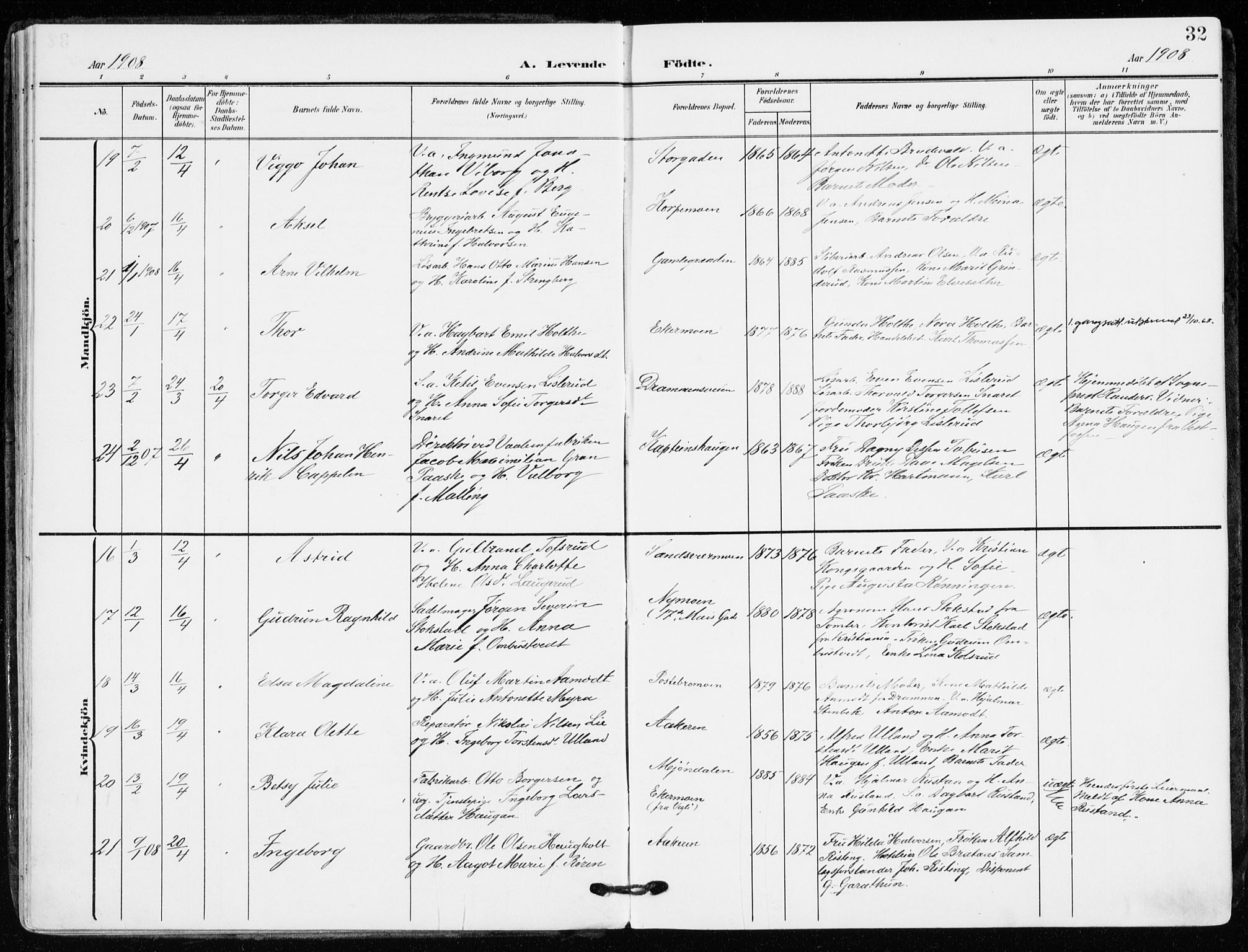 Kongsberg kirkebøker, AV/SAKO-A-22/F/Fb/L0004: Parish register (official) no. II 4, 1906-1918, p. 32