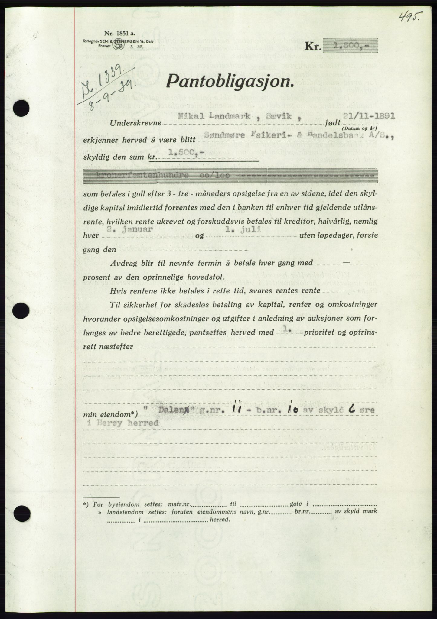 Søre Sunnmøre sorenskriveri, AV/SAT-A-4122/1/2/2C/L0068: Mortgage book no. 62, 1939-1939, Diary no: : 1339/1939