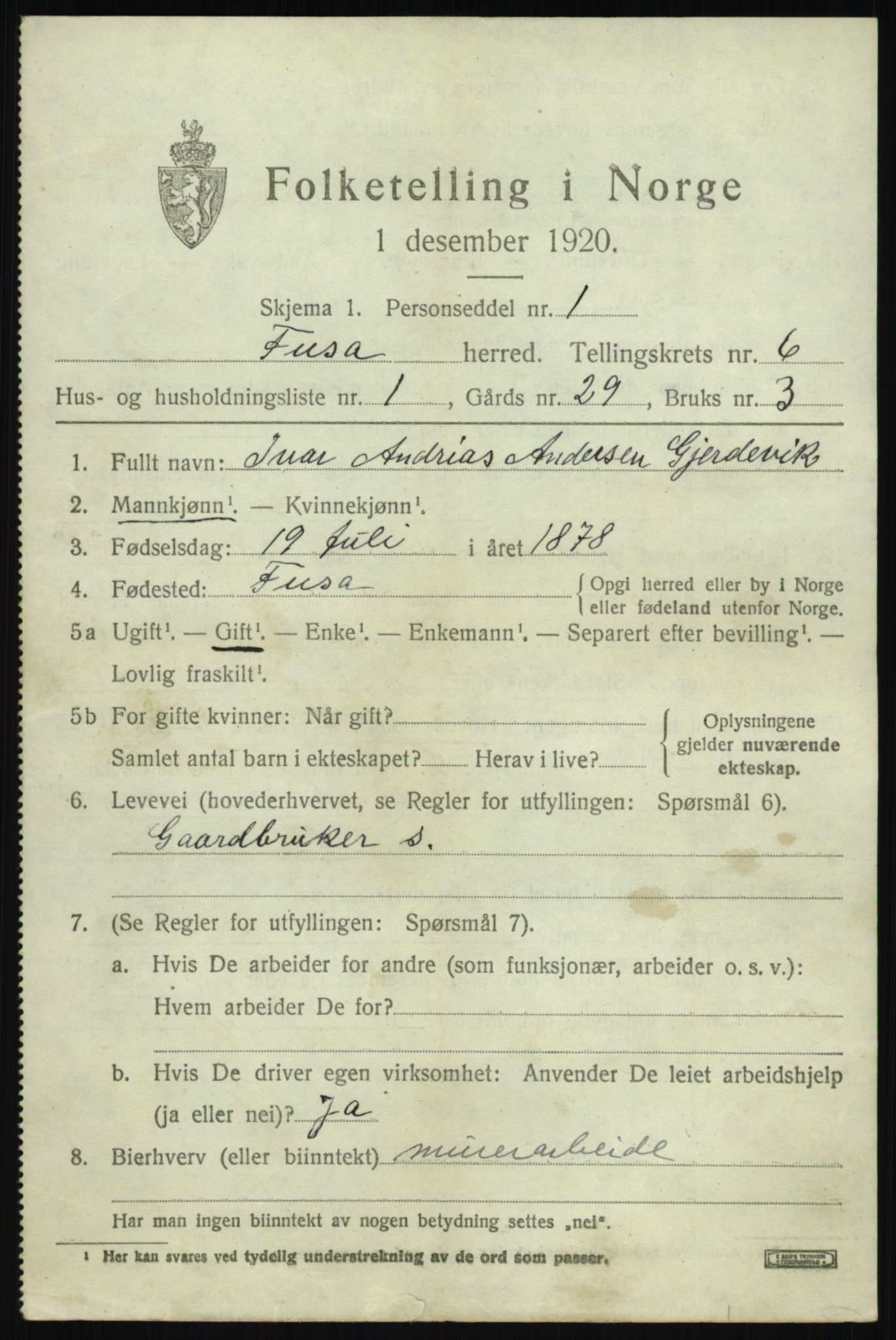 SAB, 1920 census for Fusa, 1920, p. 2459