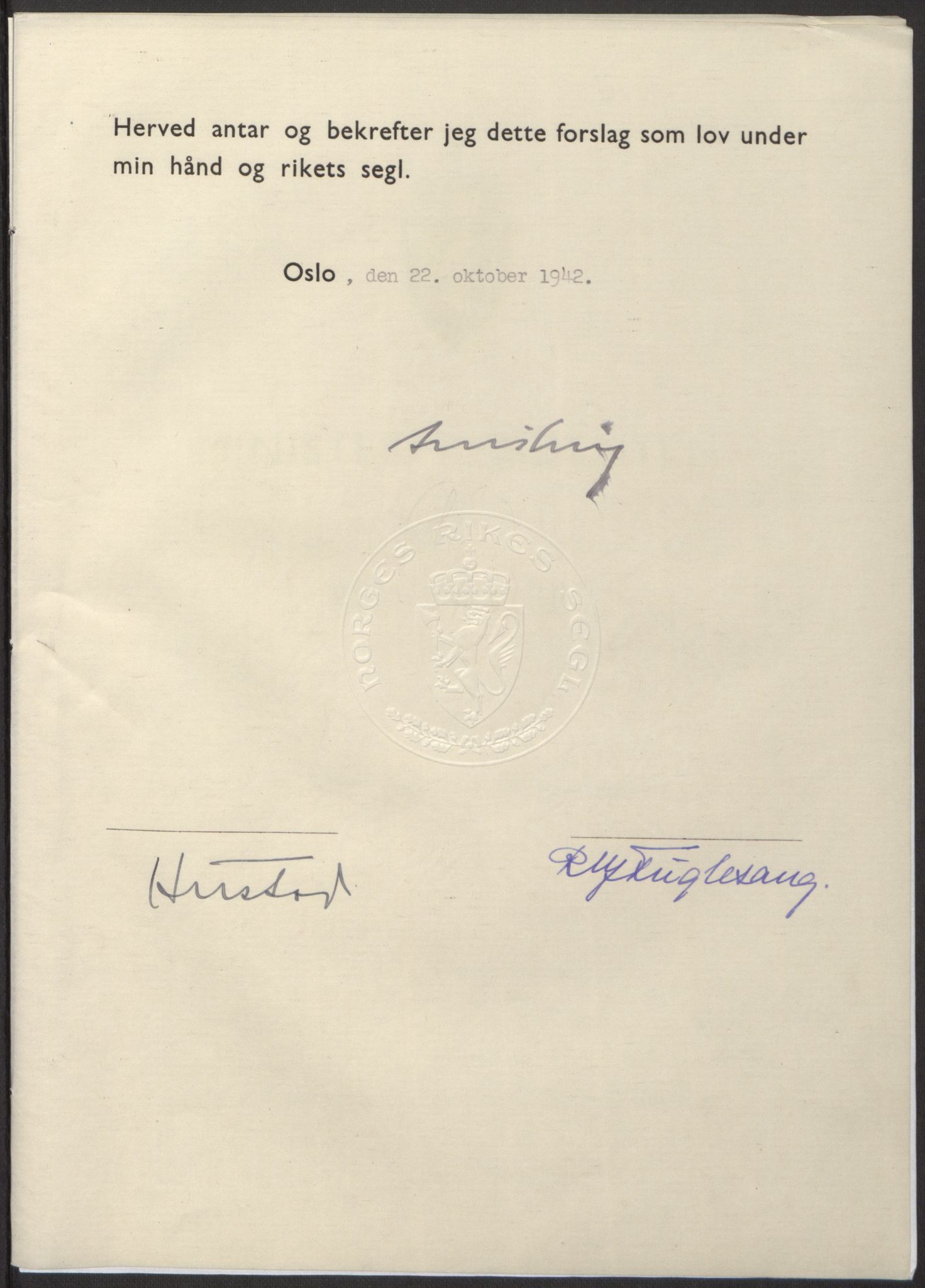 NS-administrasjonen 1940-1945 (Statsrådsekretariatet, de kommisariske statsråder mm), RA/S-4279/D/Db/L0098: Lover II, 1942, p. 433
