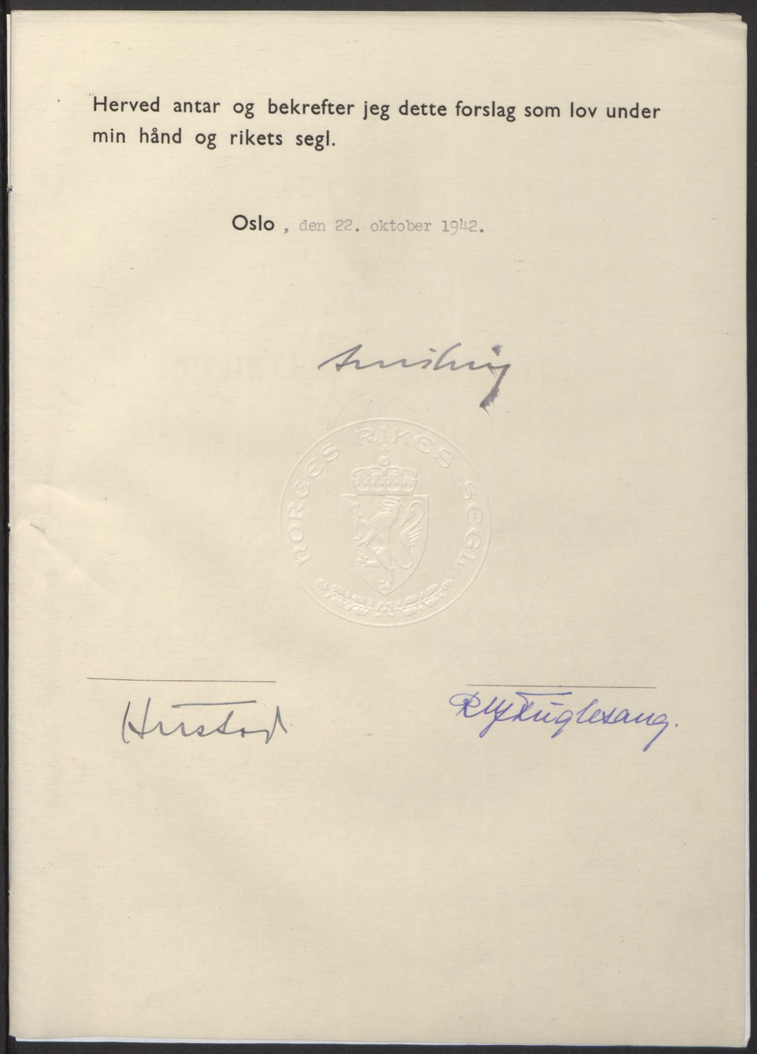 NS-administrasjonen 1940-1945 (Statsrådsekretariatet, de kommisariske statsråder mm), AV/RA-S-4279/D/Db/L0098: Lover II, 1942, p. 433