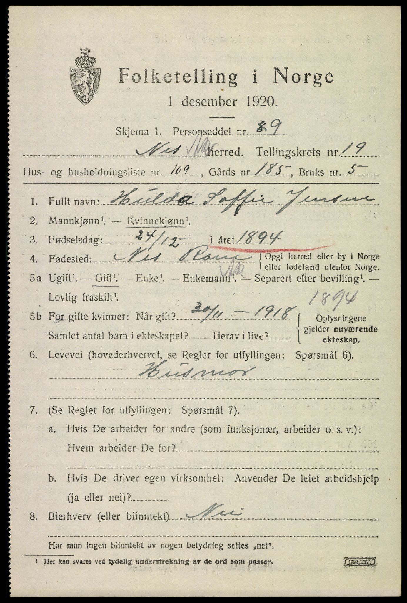 SAO, 1920 census for Nes, 1920, p. 20340