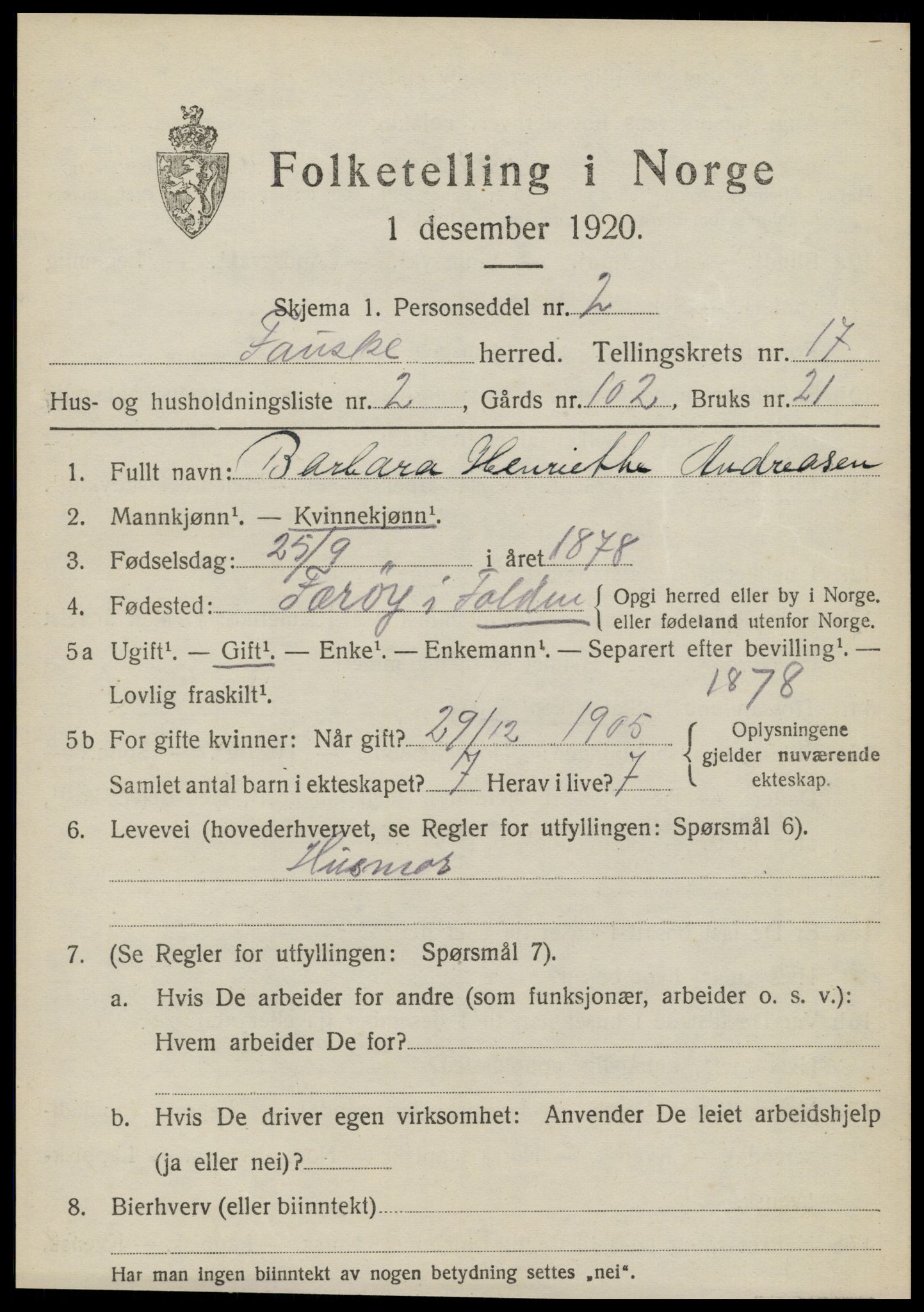 SAT, 1920 census for Fauske, 1920, p. 10468