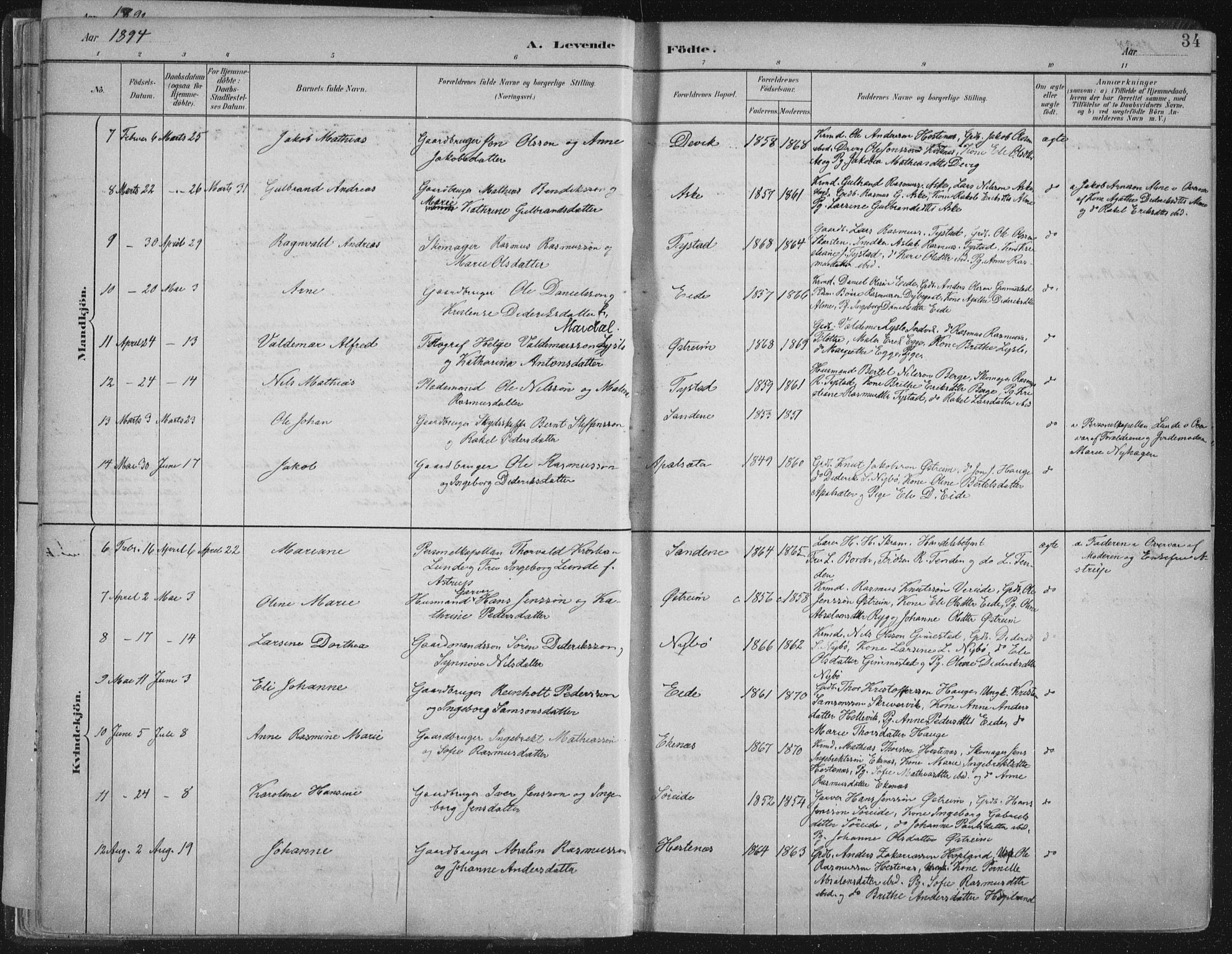 Gloppen sokneprestembete, AV/SAB-A-80101/H/Haa/Haab/L0001: Parish register (official) no. B  1, 1885-1905, p. 34